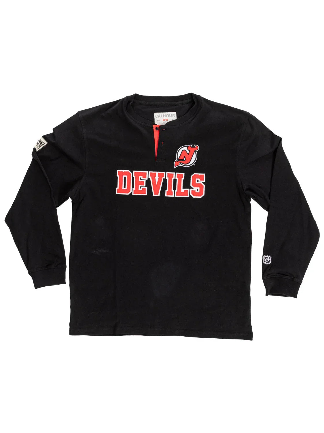 Black Devils Henley long sleeve shirt with red logo and text on white background
