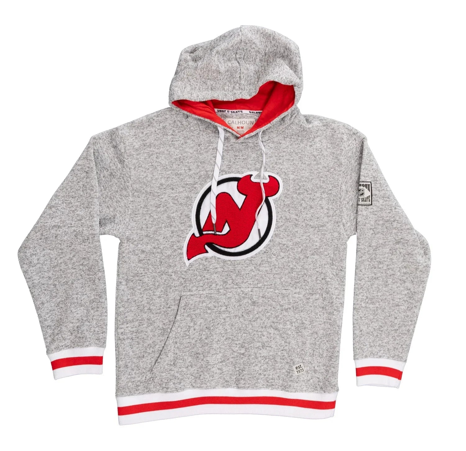 Heather gray New Jersey Devils hoodie with red and white trim, team logo on front