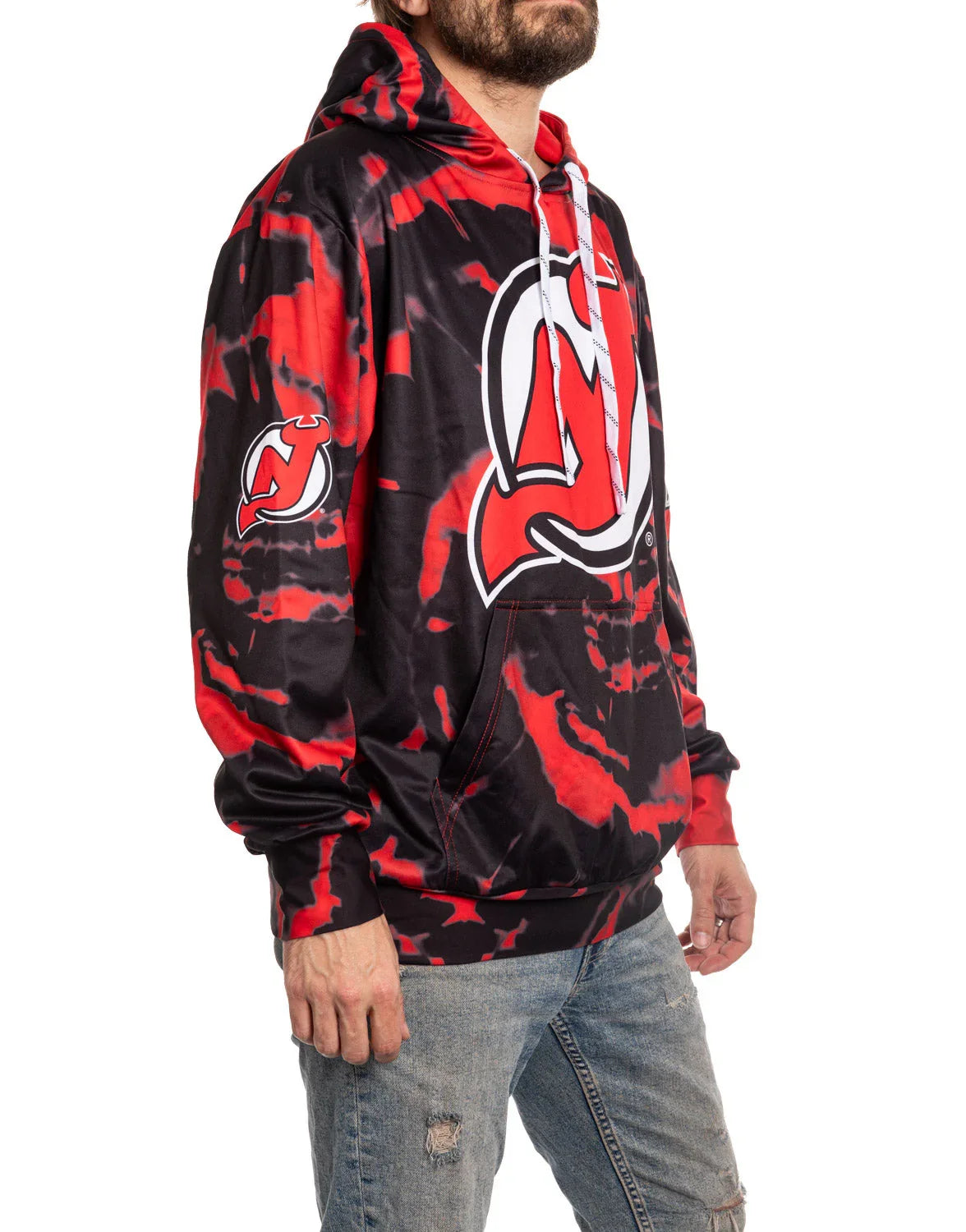 Man wearing red and black Devils sublimation hoodie with large team logo, side view
