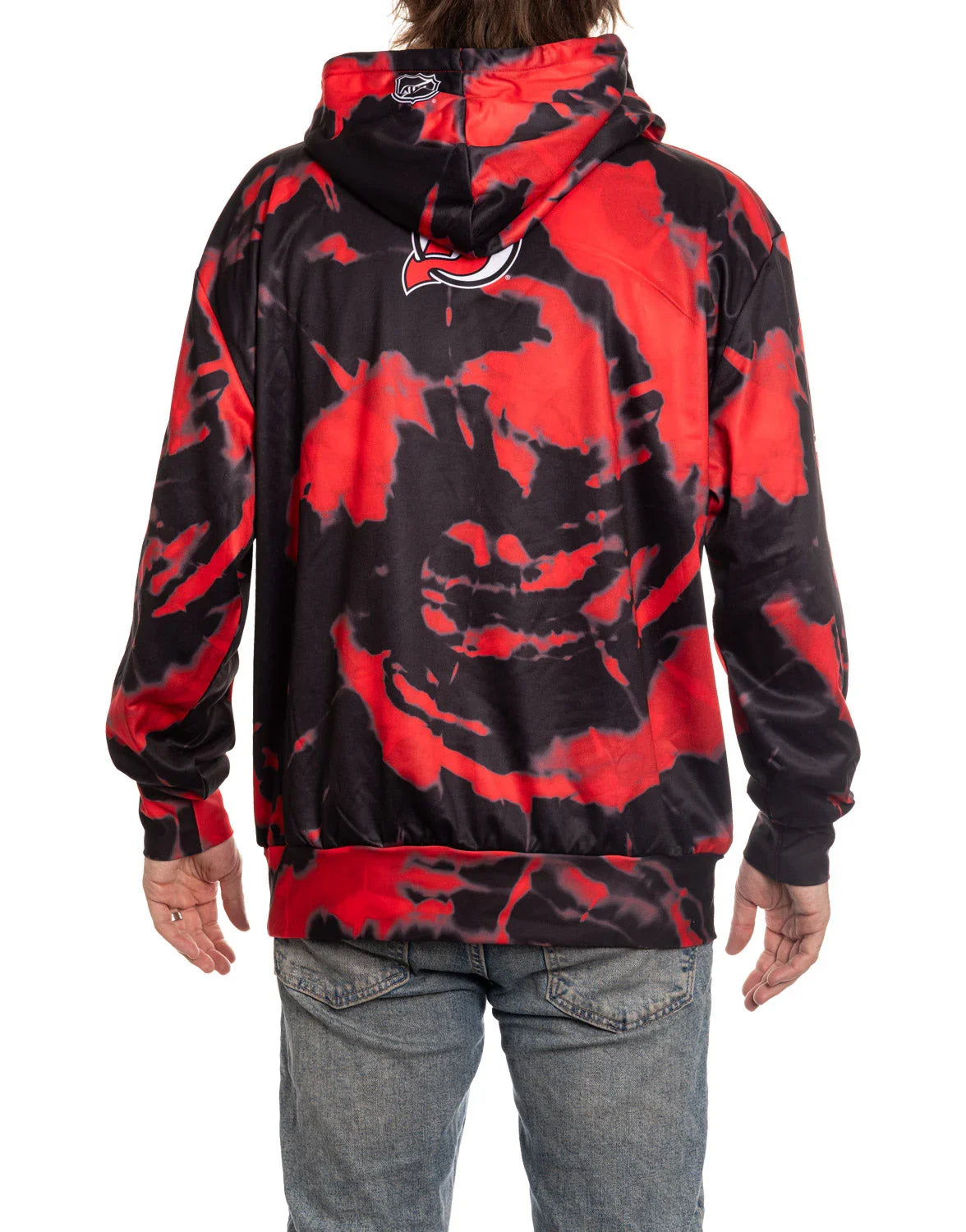 Person wearing red and black Devils sublimation hoodie with NHL logo on the hood, rear view