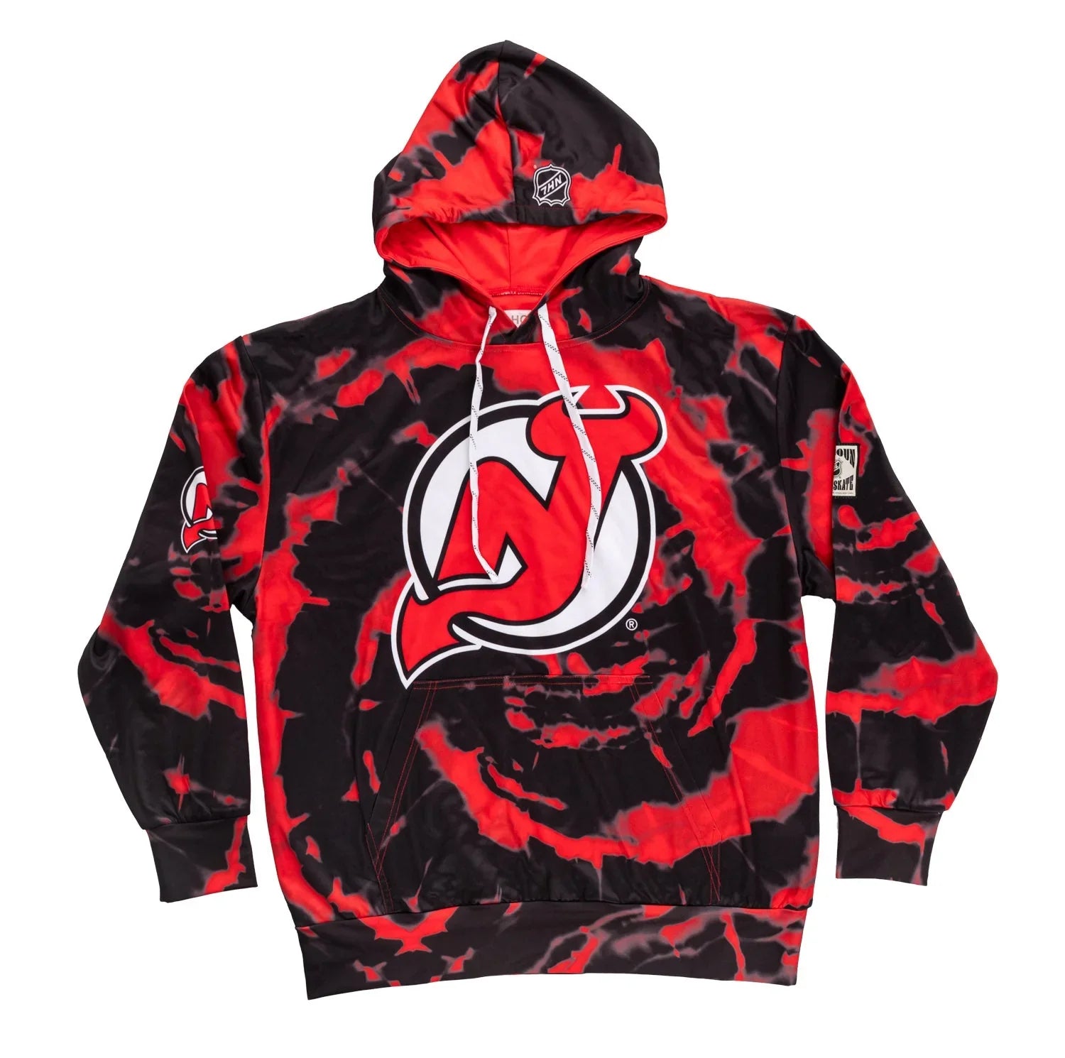 Red and black Devils sublimation hoodie with large team logo on front and drawstring hood