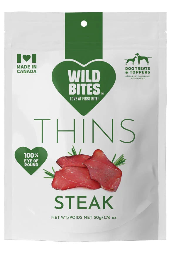Wild Bites Steak Thins dog treats bag, 100% eye of round, made in Canada