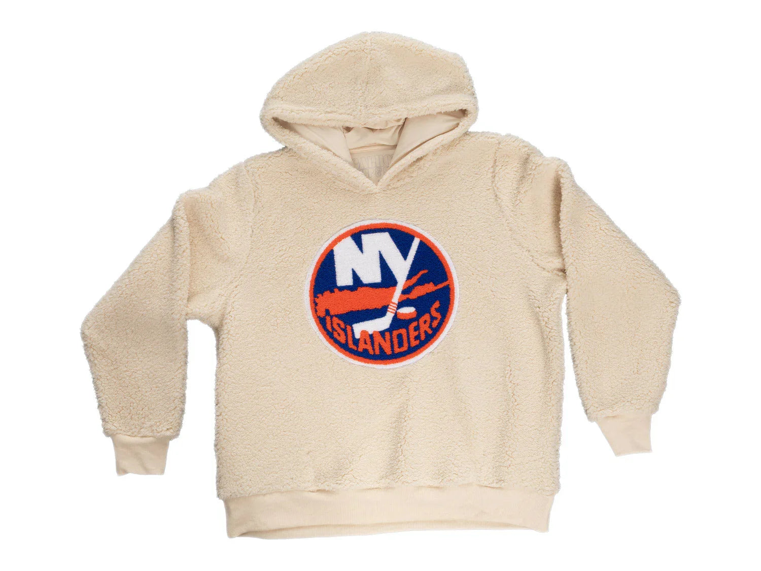 Beige sherpa hoodie with New York Islanders logo, NHL fleece pullover