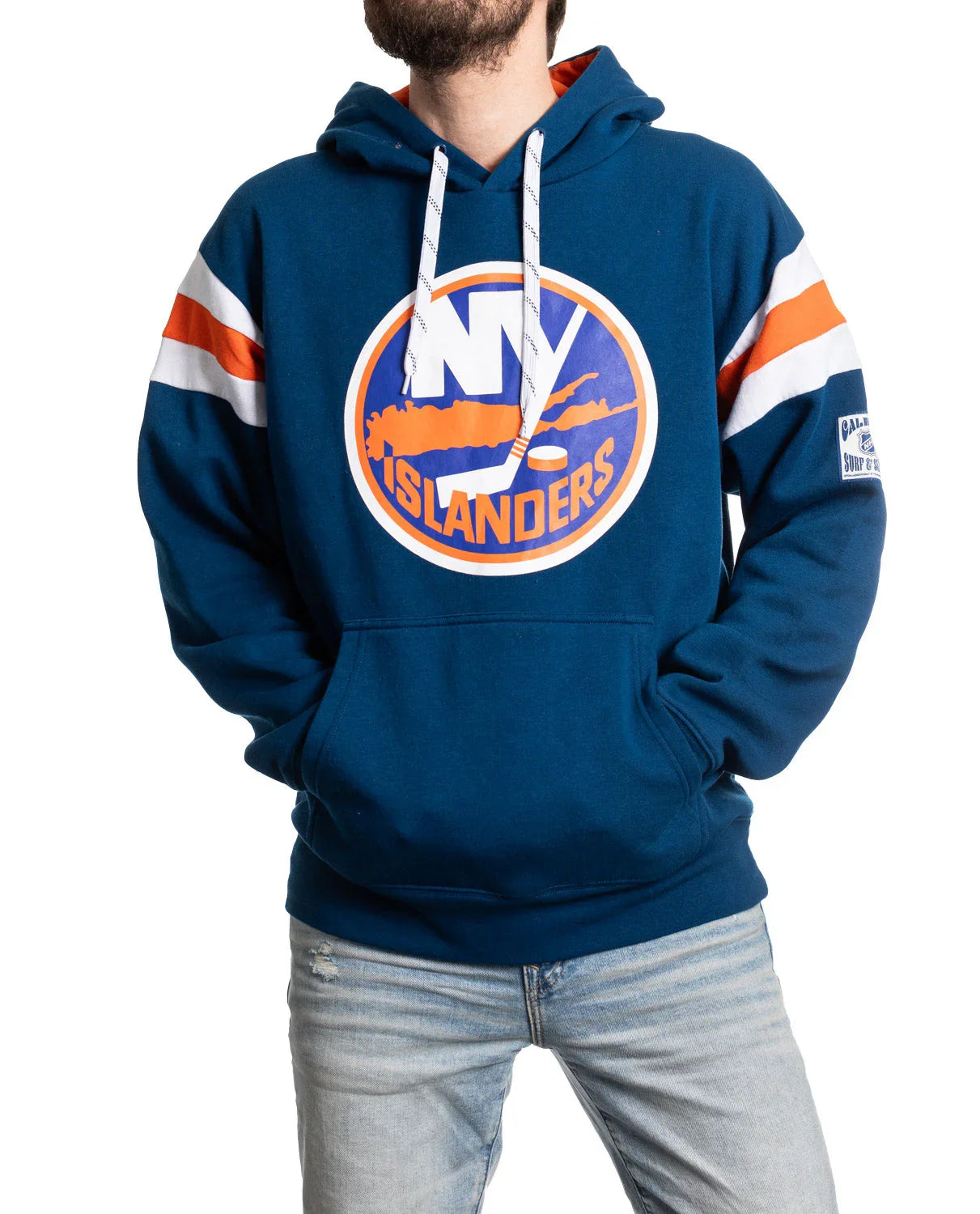 Man wearing blue New York Islanders hoodie with team logo and striped sleeves