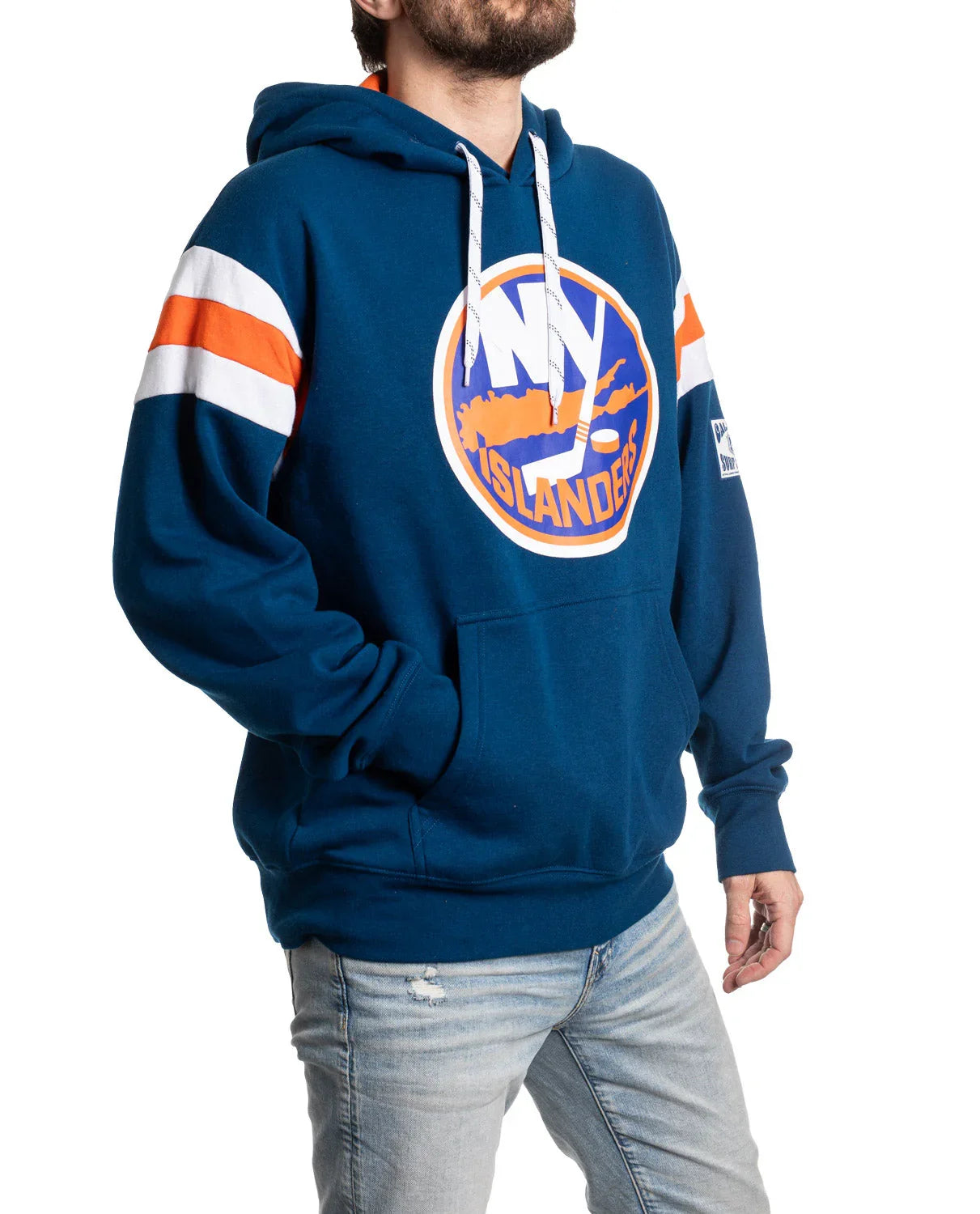 Man wearing blue New York Islanders hoodie with logo and striped sleeves