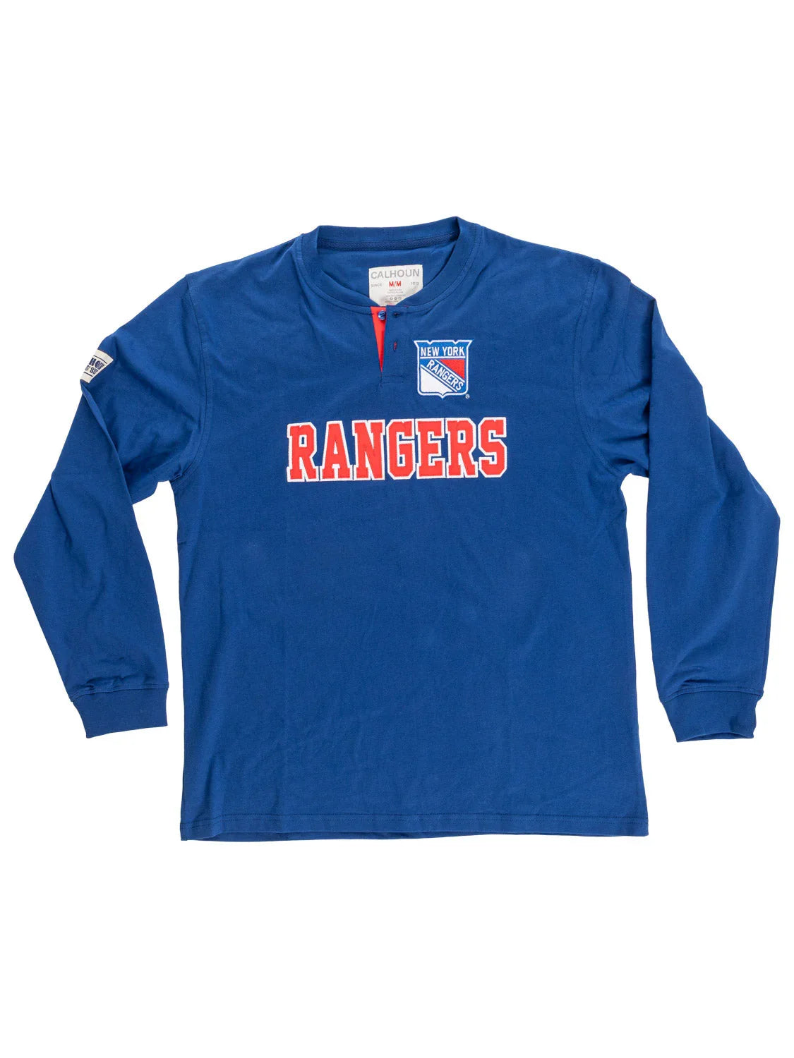 New York Rangers blue long sleeve henley shirt with team logo and RANGERS text on front