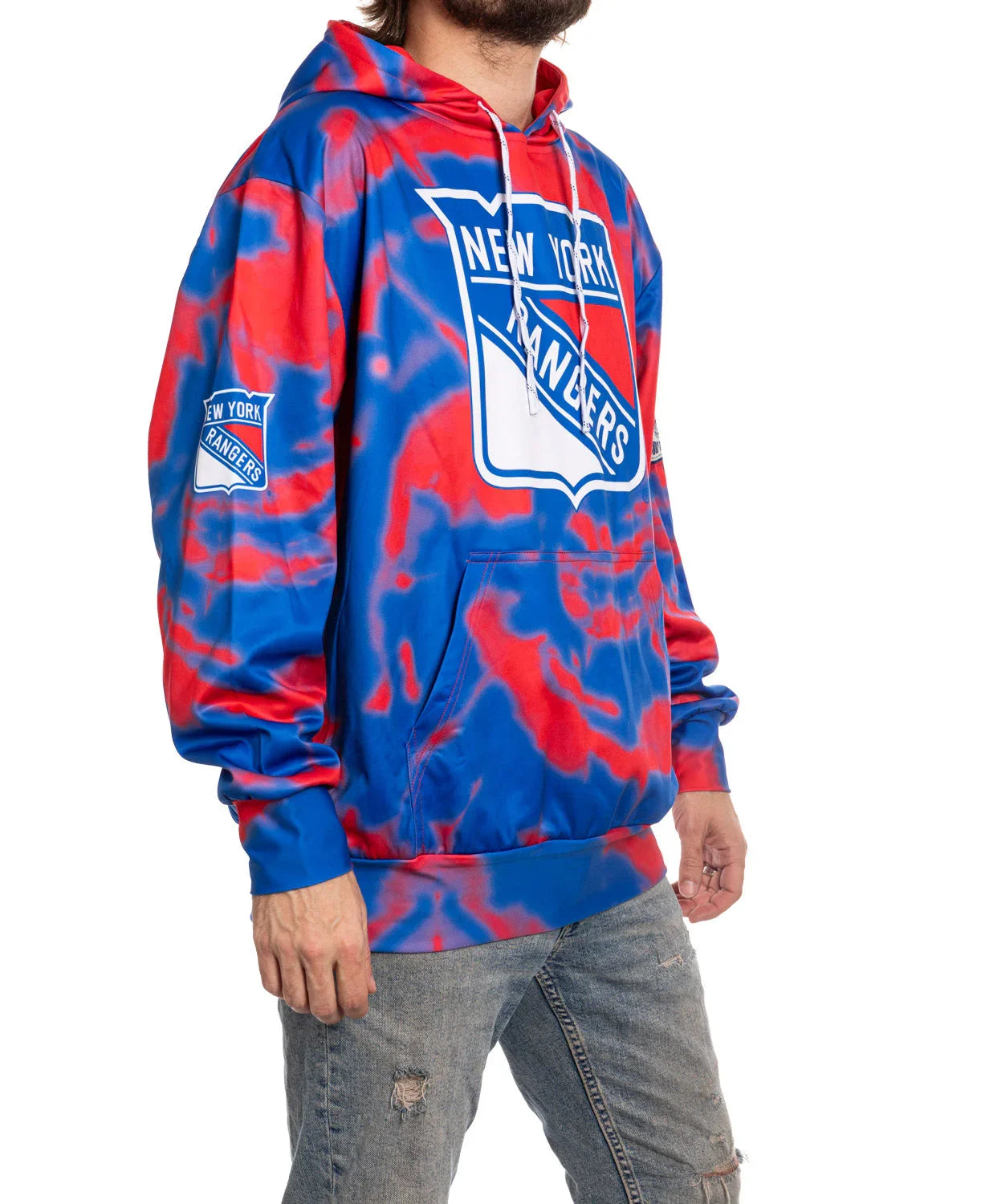 New York Rangers sublimation hoodie in red and blue tie-dye, large front logo, side patch