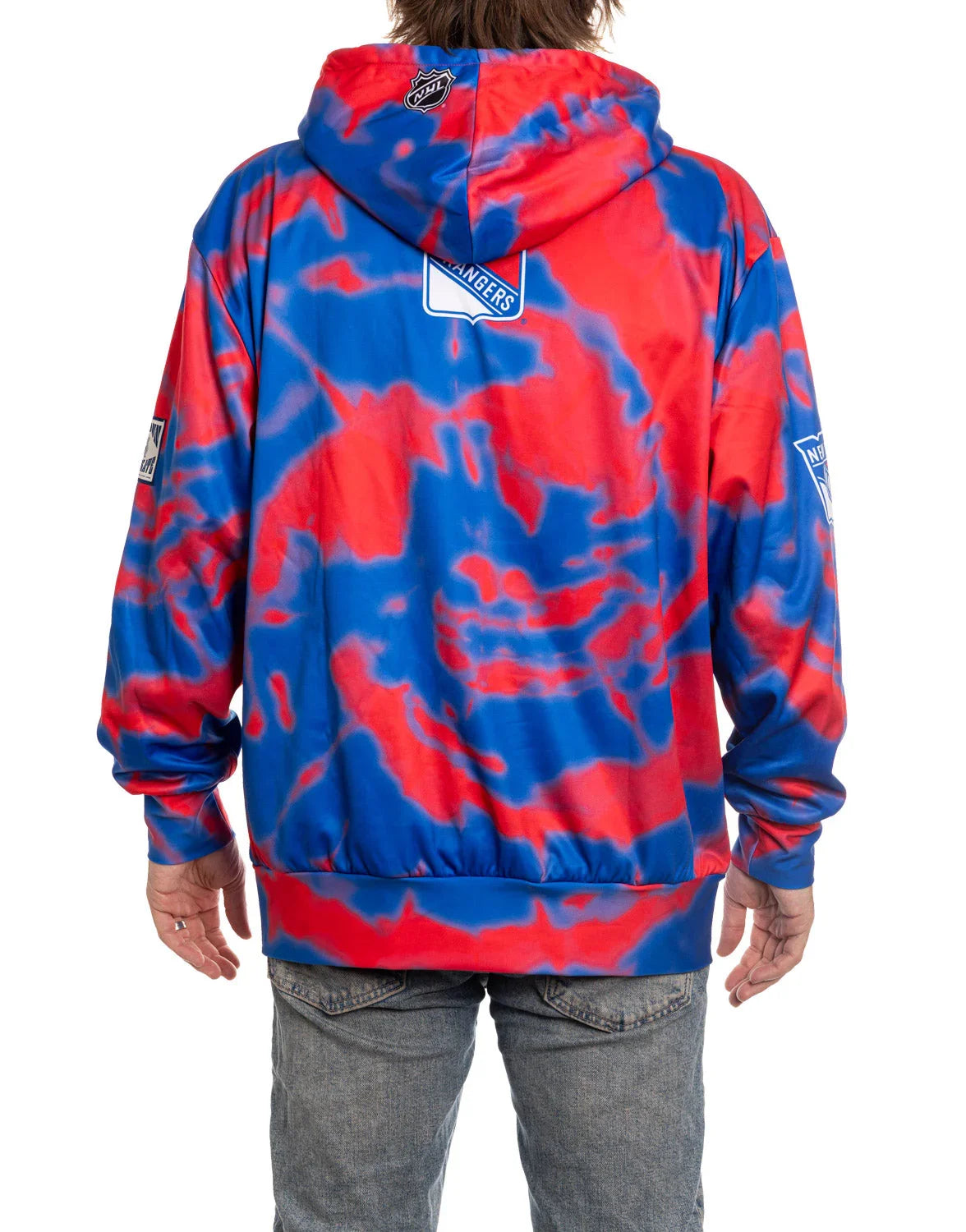 Back view of NY Rangers sublimation hoodie in red and blue tie-dye with NHL logos