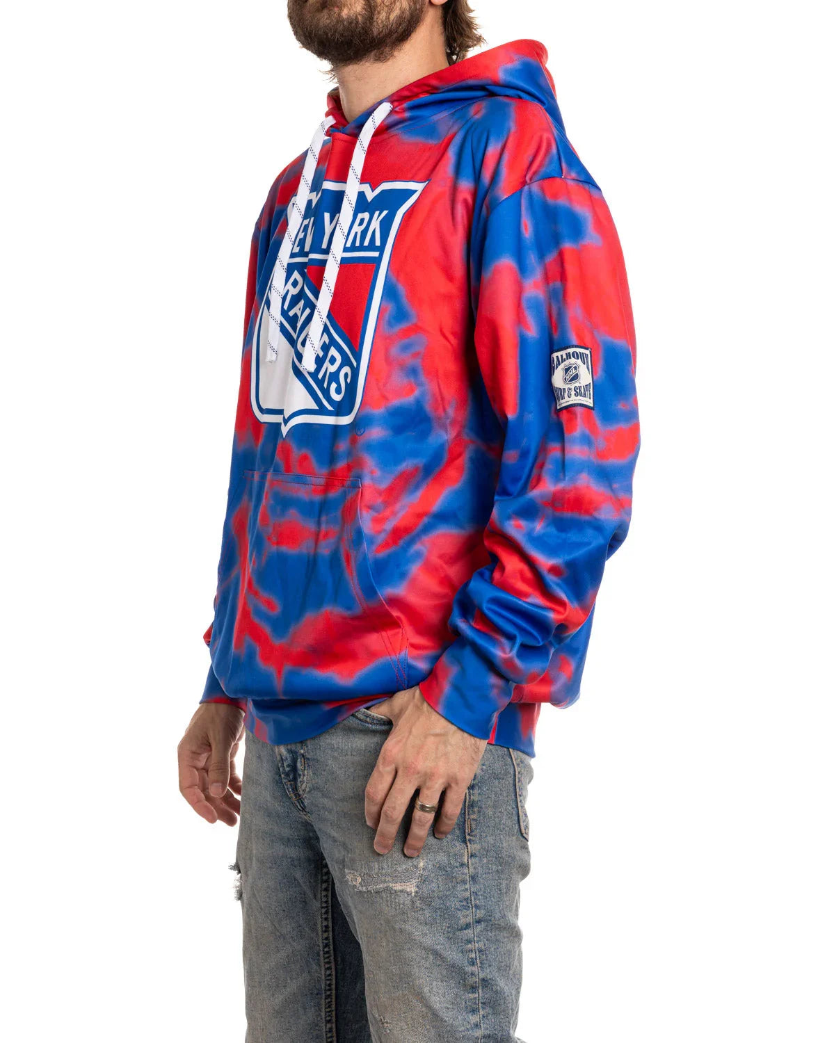 Man wearing New York Rangers red and blue sublimation hoodie with team logo and distressed jeans