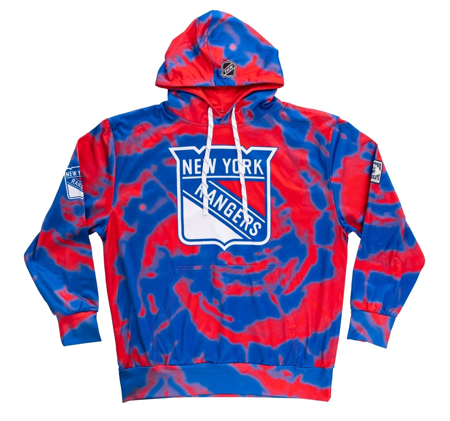 New York Rangers tie-dye hoodie with large logo, NHL patch, blue and red sublimation design