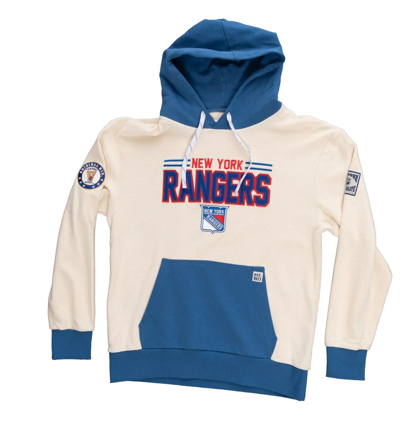 New York Rangers cream and blue hoodie with team logo and patches, laid flat