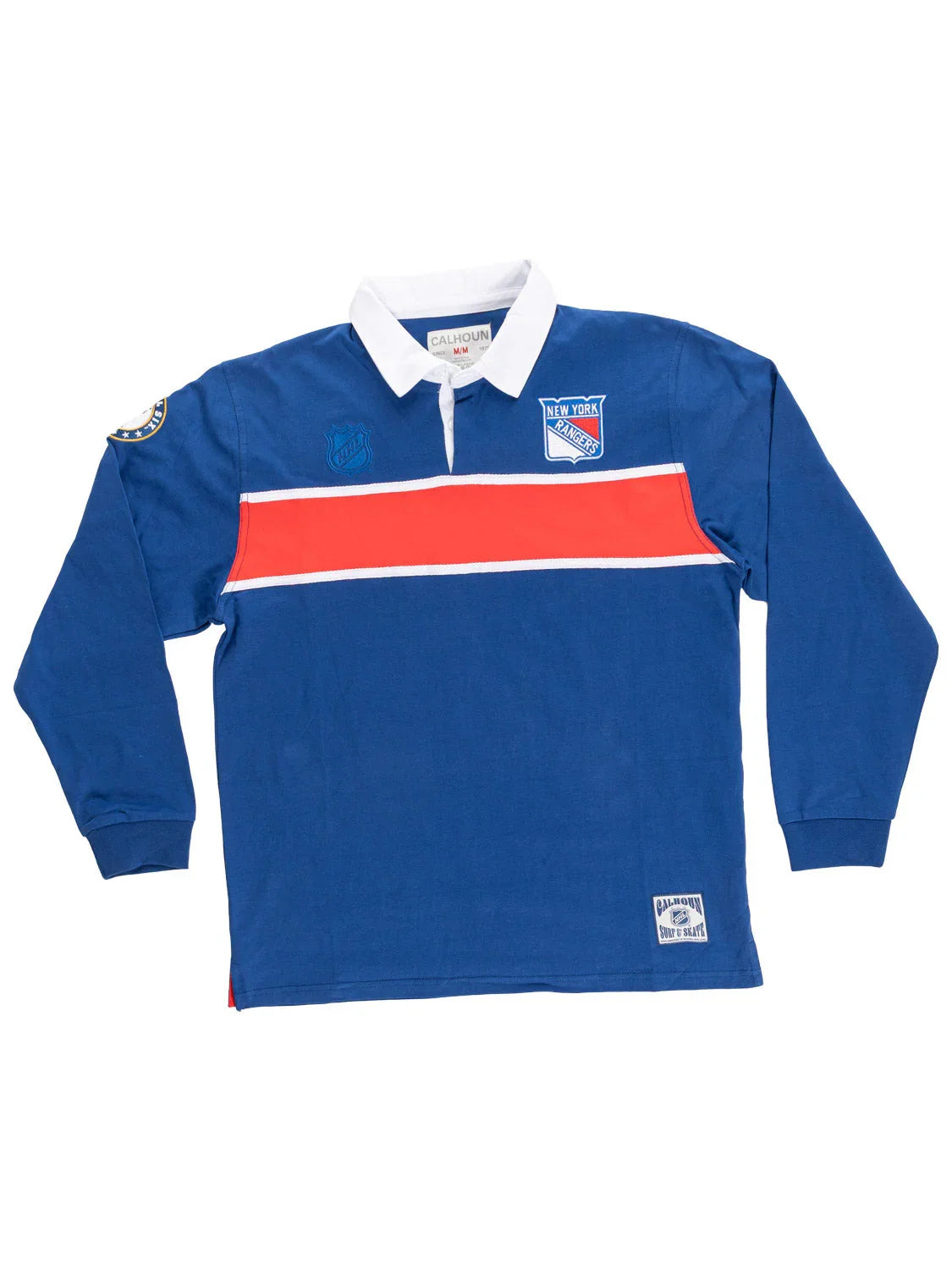 New York Rangers blue rugby shirt with red stripe, white collar, and team logos