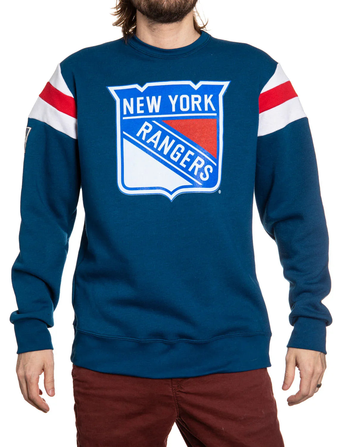 Man wearing blue New York Rangers sweatshirt with white and red arm stripes