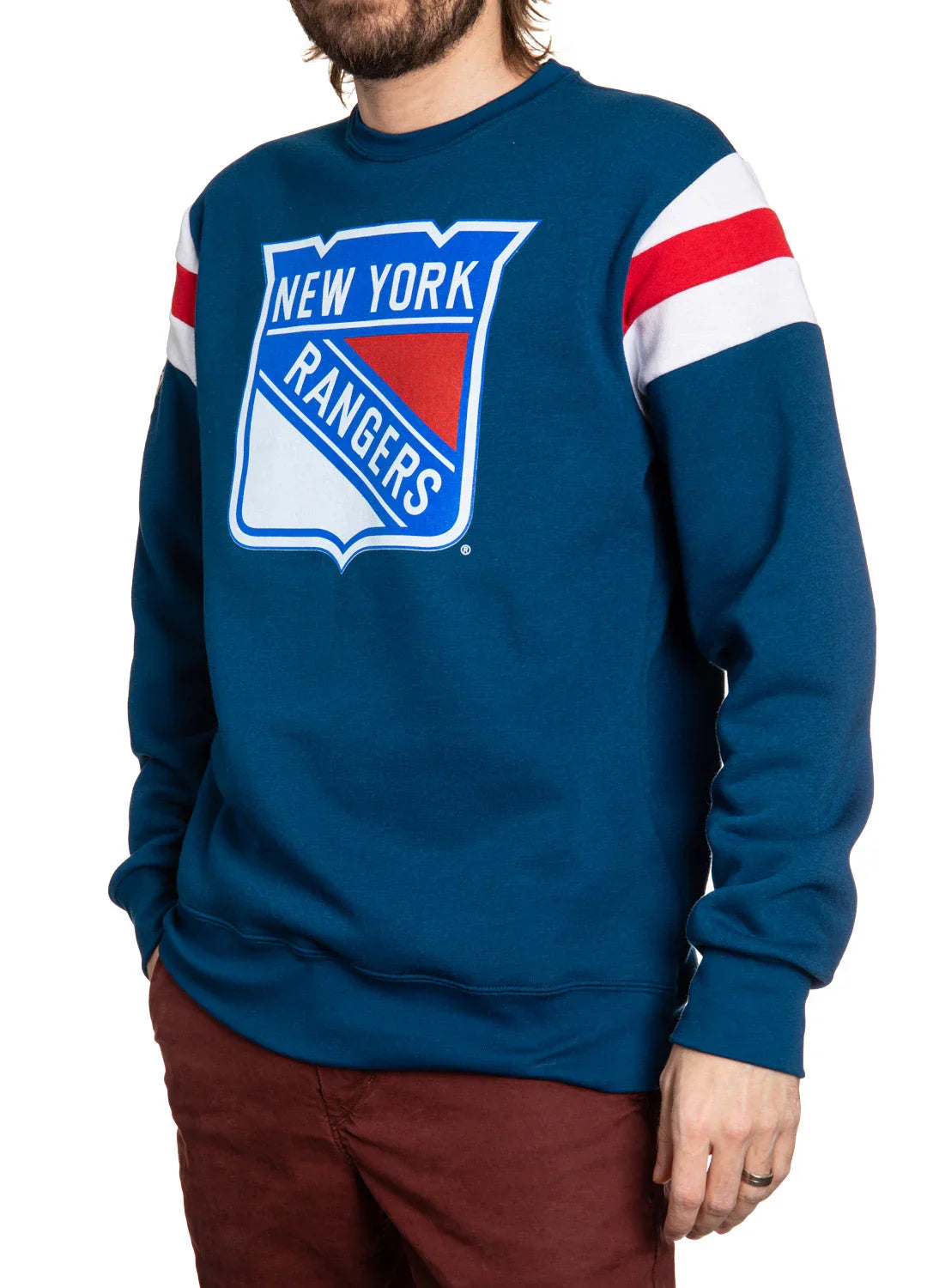 Man wearing blue New York Rangers sweatshirt with red and white sleeve stripes
