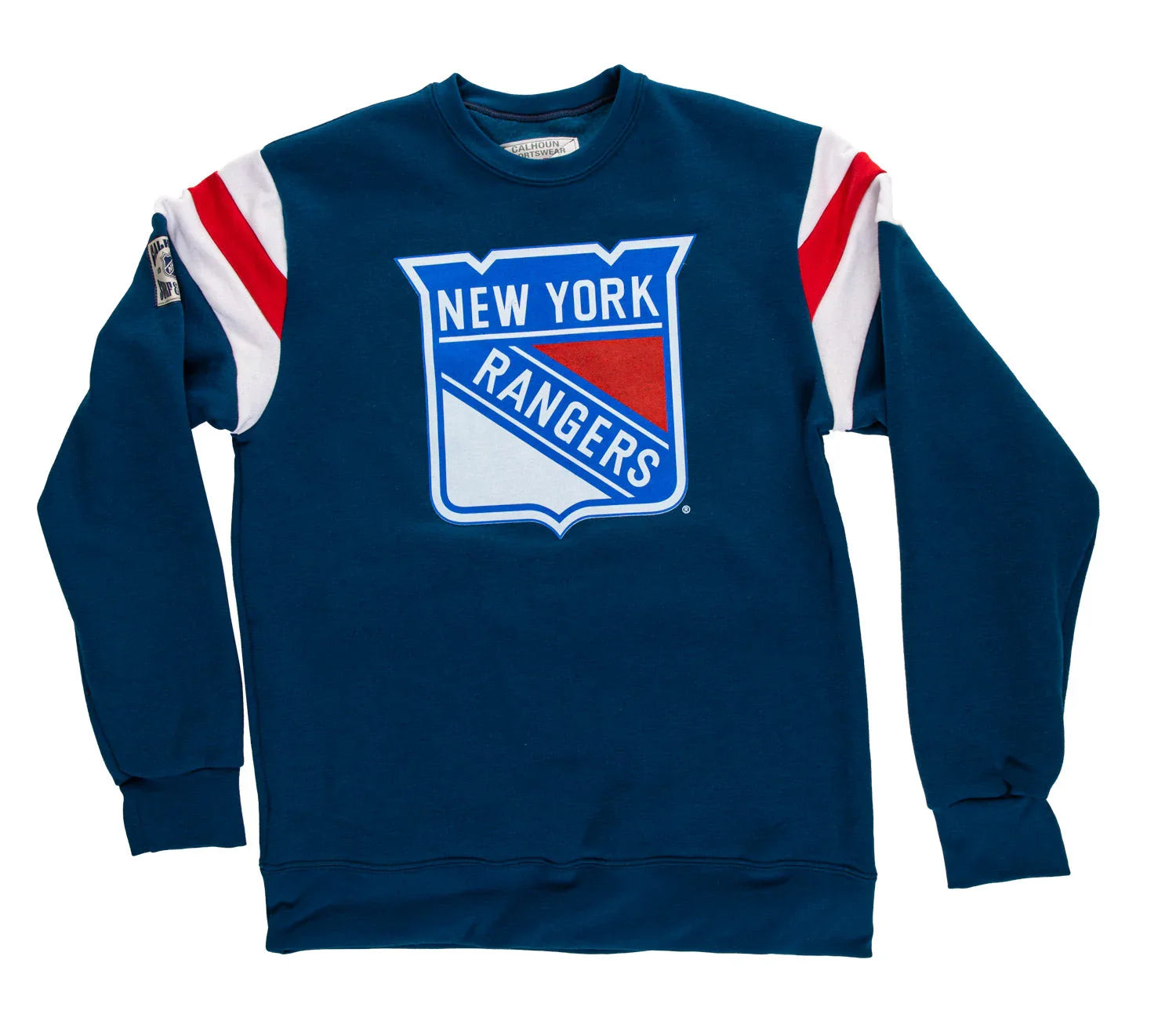 Navy blue New York Rangers crewneck sweatshirt with large logo and red white shoulder stripes