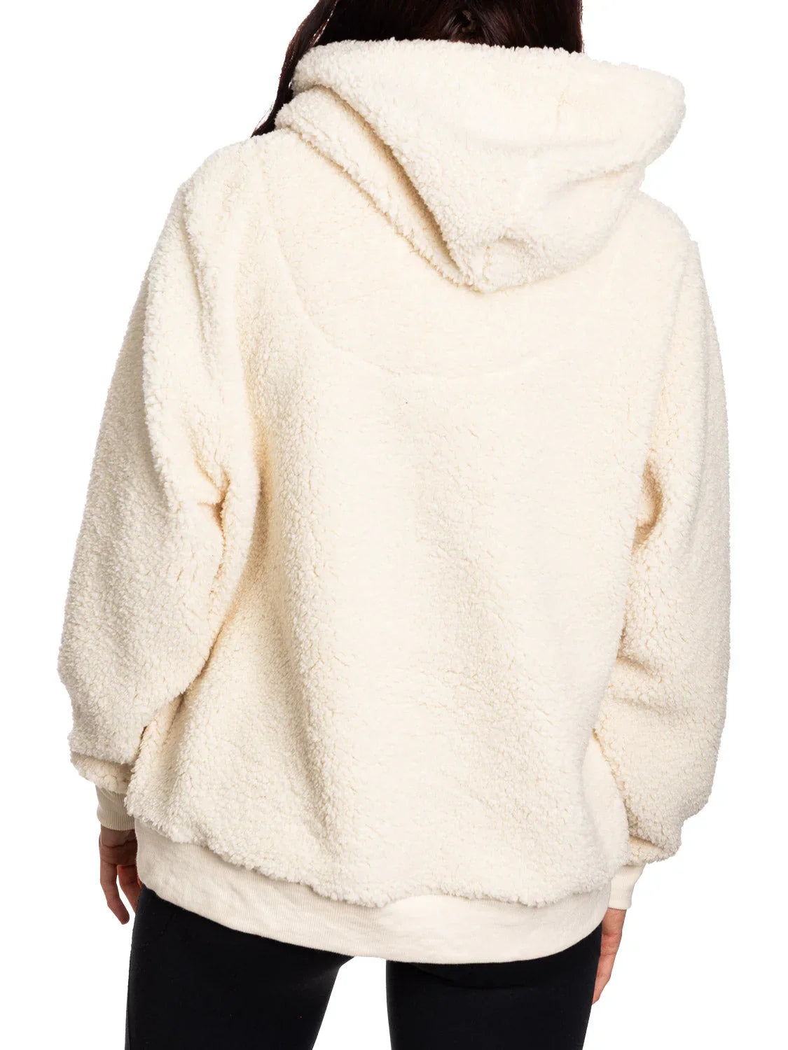 Back view of cream sherpa fleece hoodie on model, cozy winter outerwear