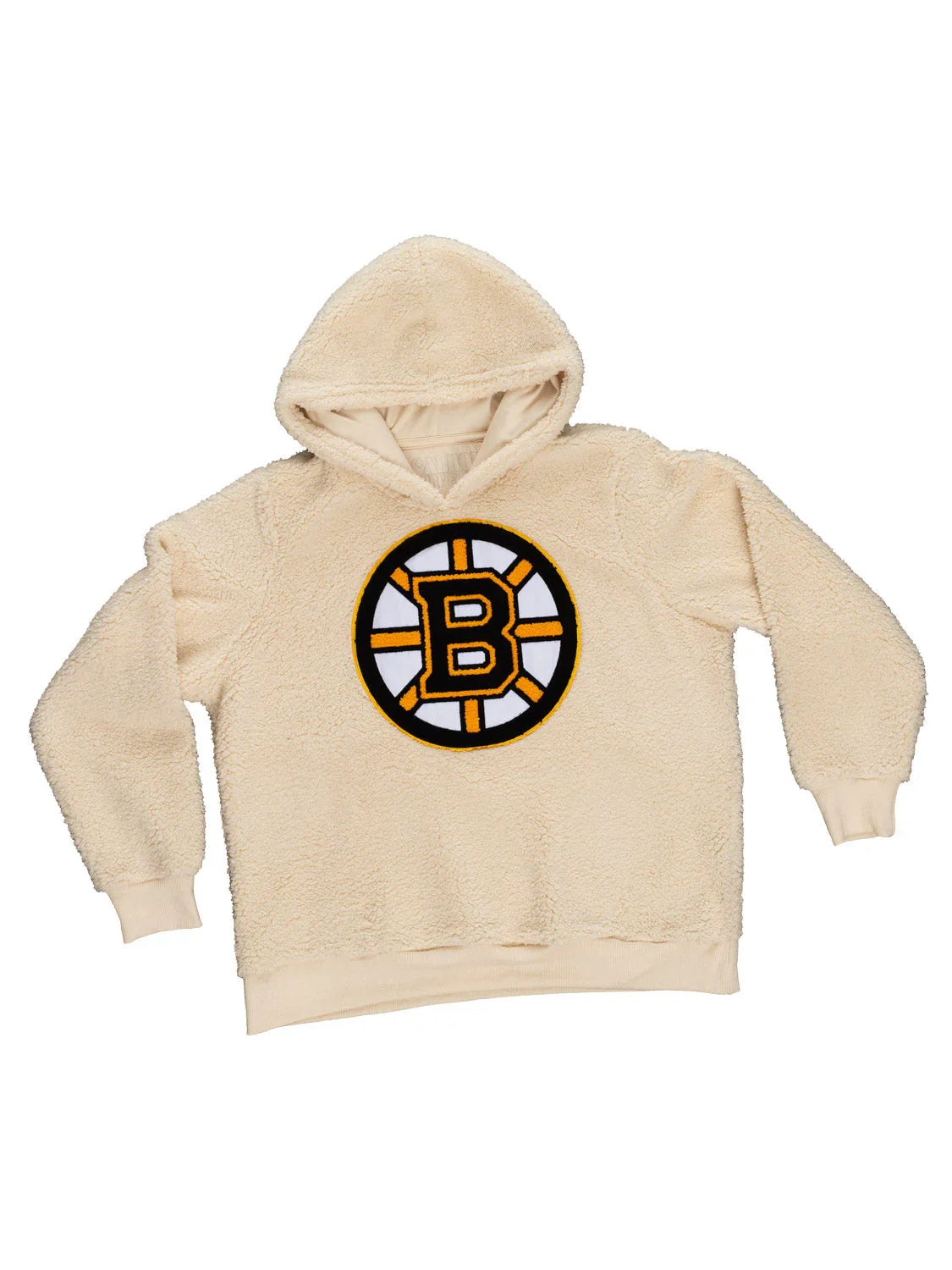 Cream sherpa hoodie with Boston Bruins logo on front, NHL fleece pullover apparel