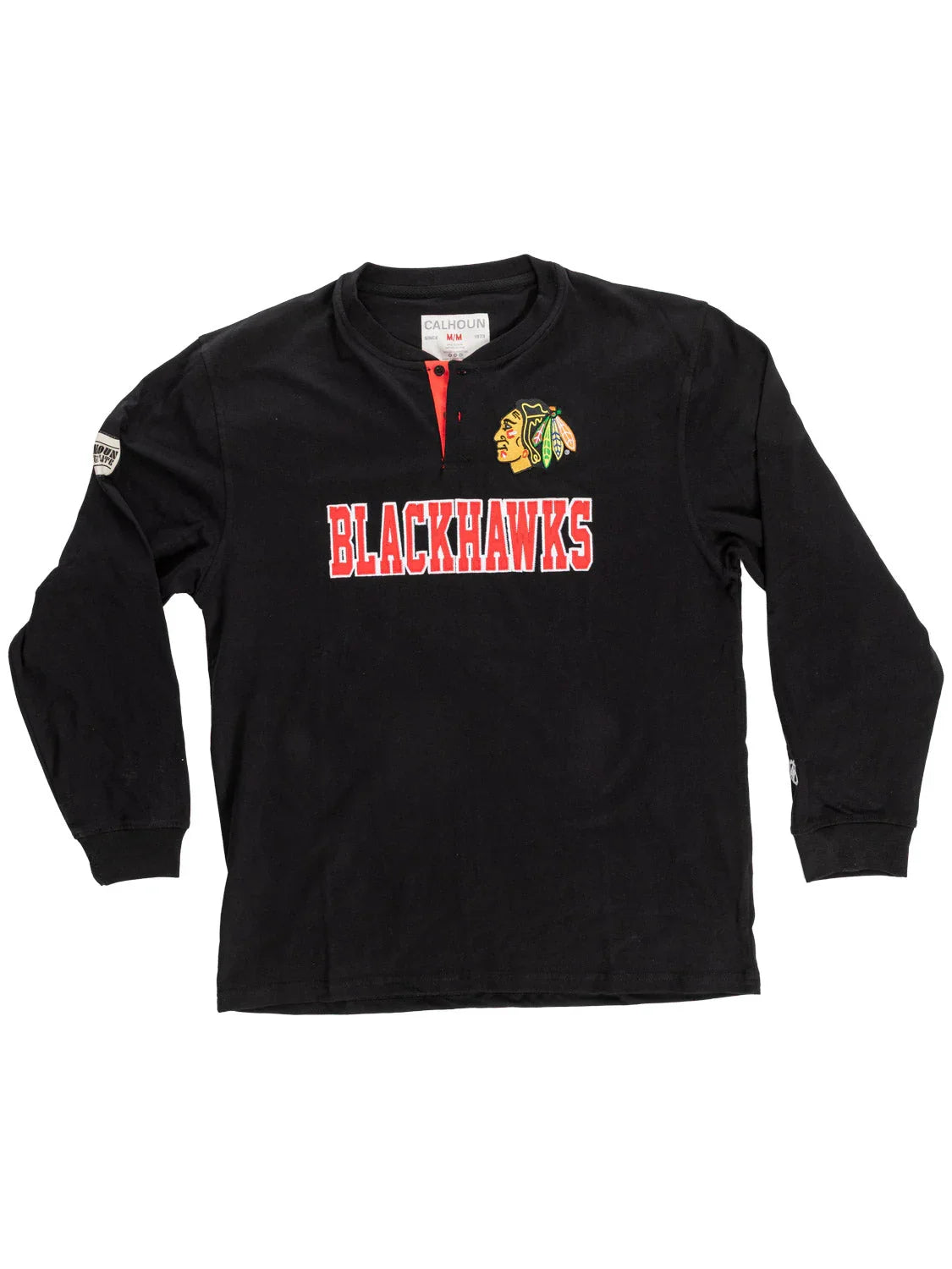 Black Chicago Blackhawks long sleeve henley shirt with logo and red lettering