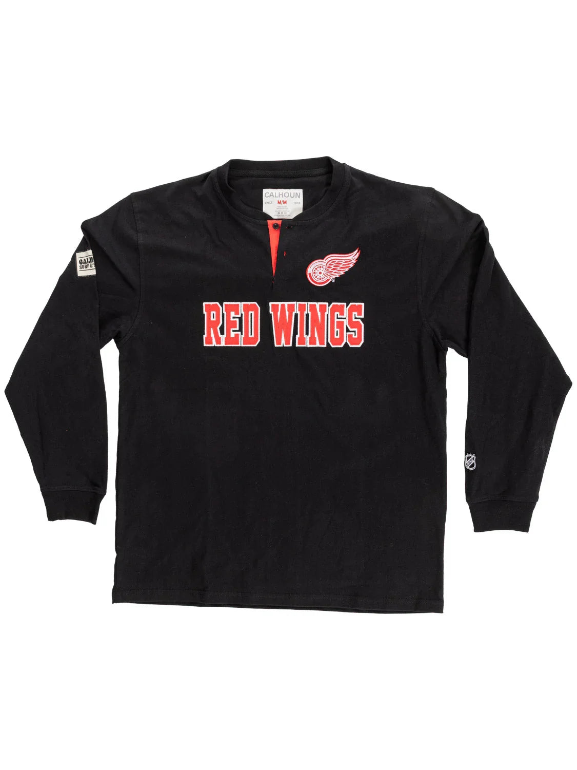 Black long-sleeve Red Wings Henley shirt with team logo and red lettering on front