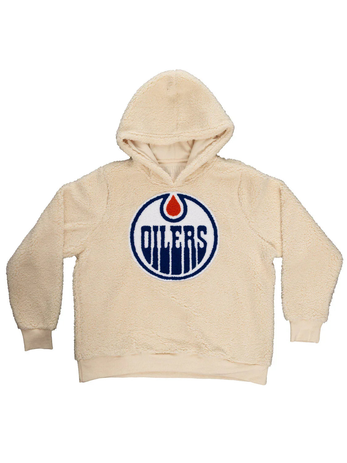 Cream sherpa hoodie with Edmonton Oilers logo on front, NHL fan apparel.