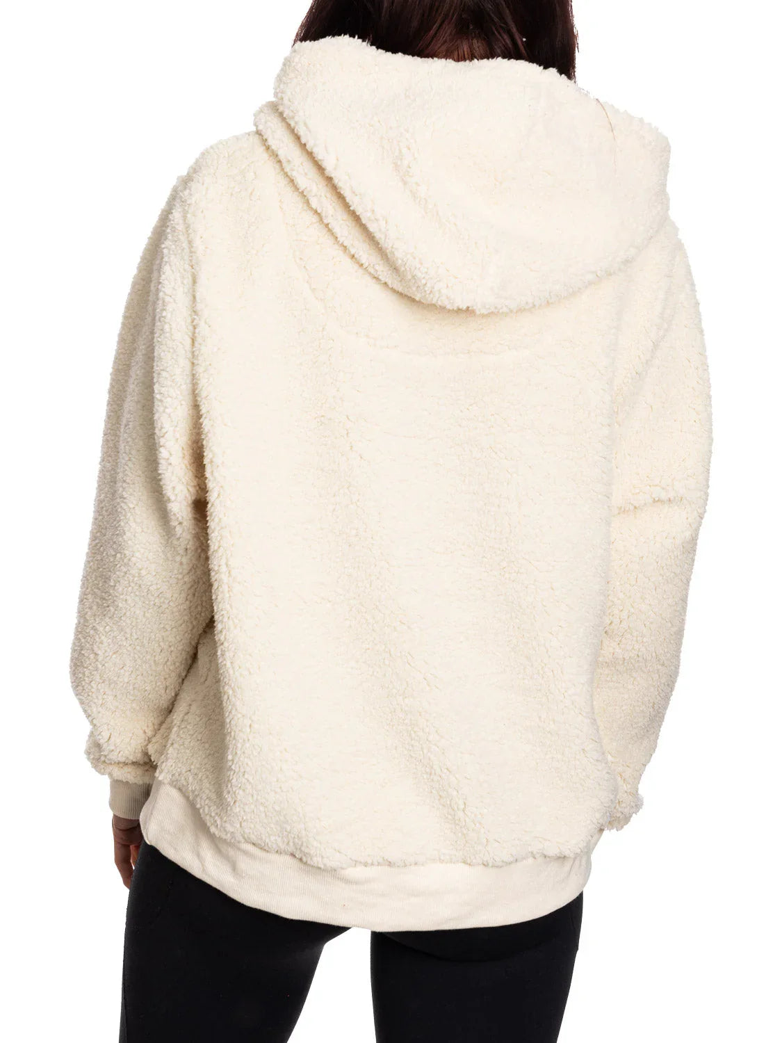 Back view of cream sherpa hoodie on person, cozy fleece jacket fashion