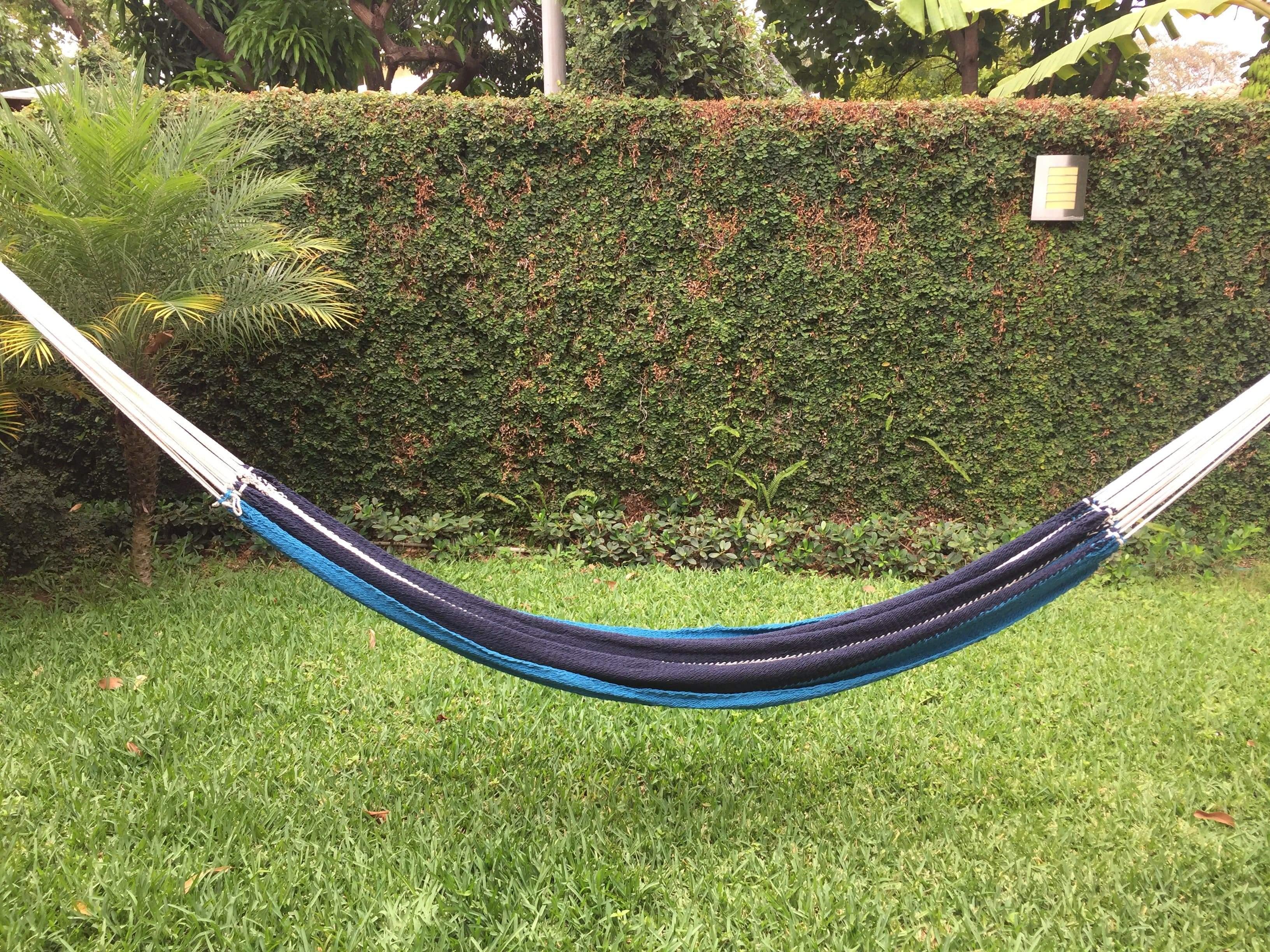 Blue and black hammock hanging in a green garden with grass and a hedge fence