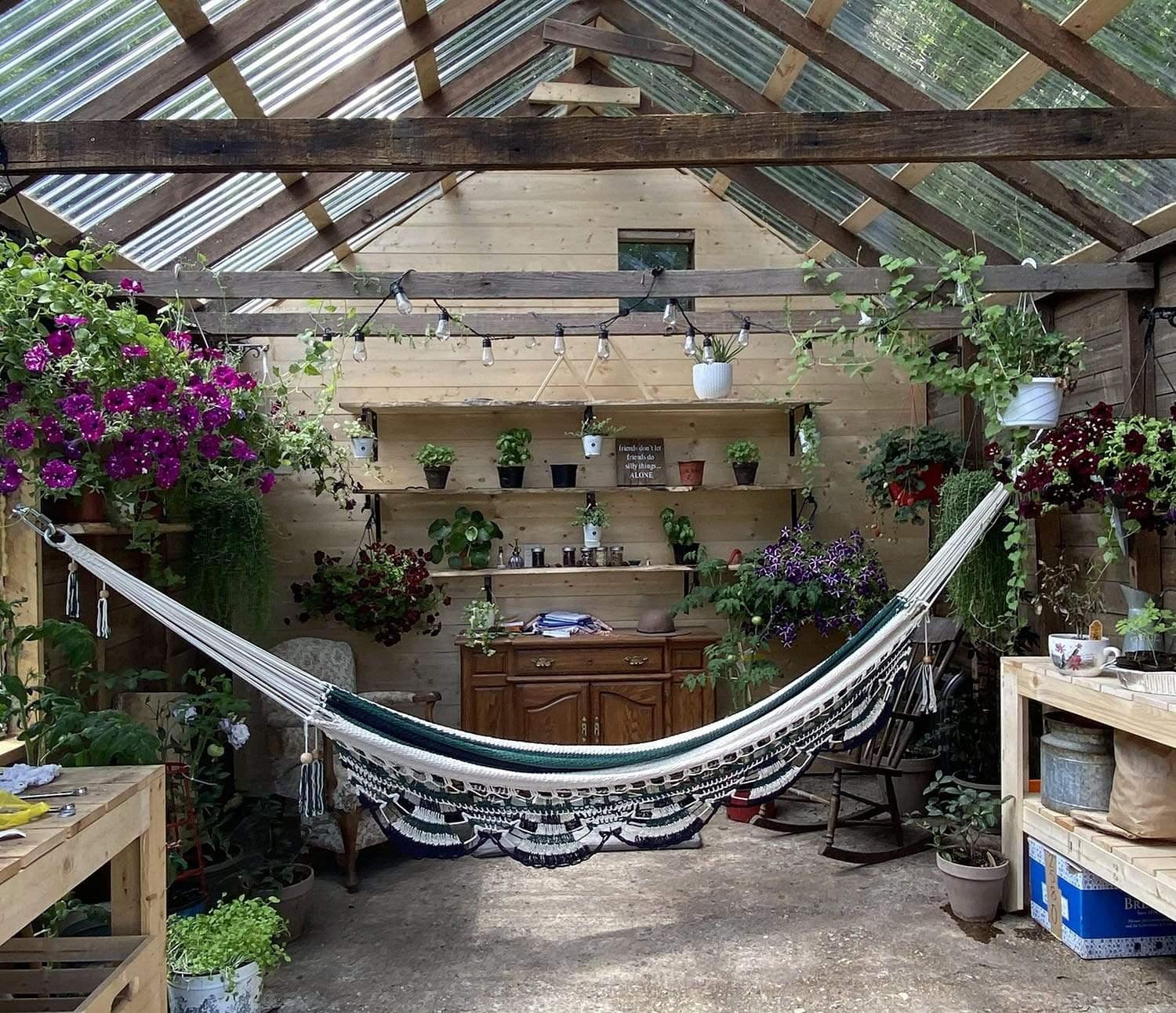 Handmade Nicaraguan hammock hanging in a greenhouse with wooden shelves and potted plants