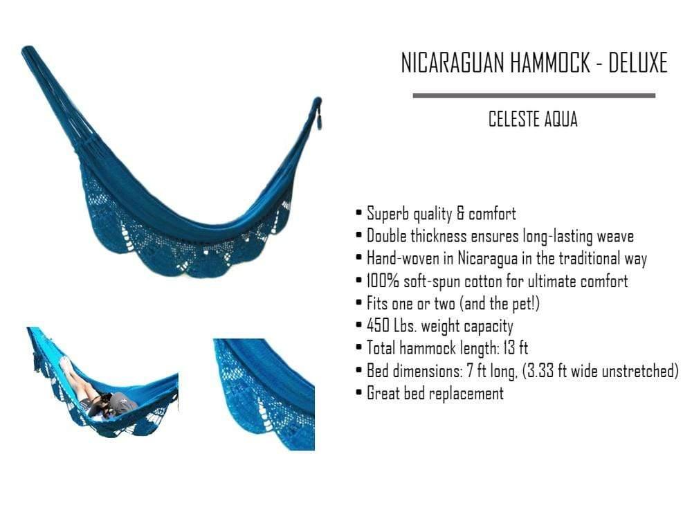 Celeste Aqua Nicaraguan deluxe hammock, hand-woven blue cotton with lace detail.