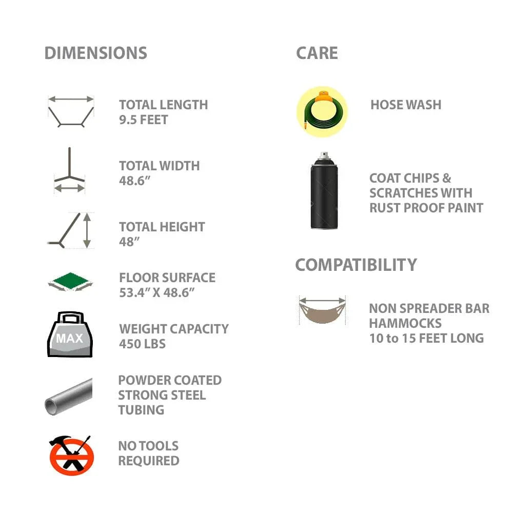 Universal hammock stand dimensions, care instructions, and compatibility guide infographic.