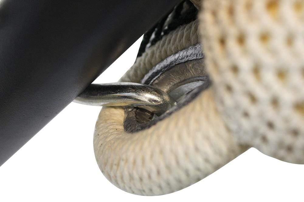 Close-up of Nicaraguan hammock rope loop attached to metal universal stand hook