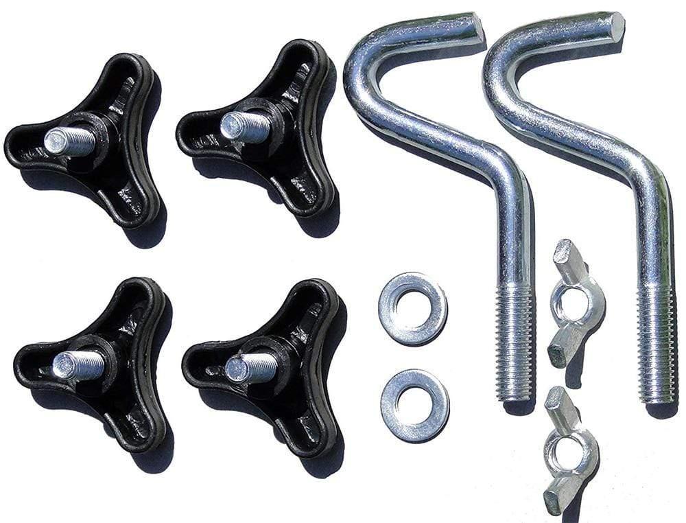 Hammock stand hardware kit with knobs, J-bolts, washers, and wing nuts on white background