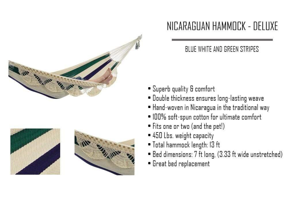 Deluxe Nicaraguan hammock with blue, green, and white stripes, crocheted fringe detail.