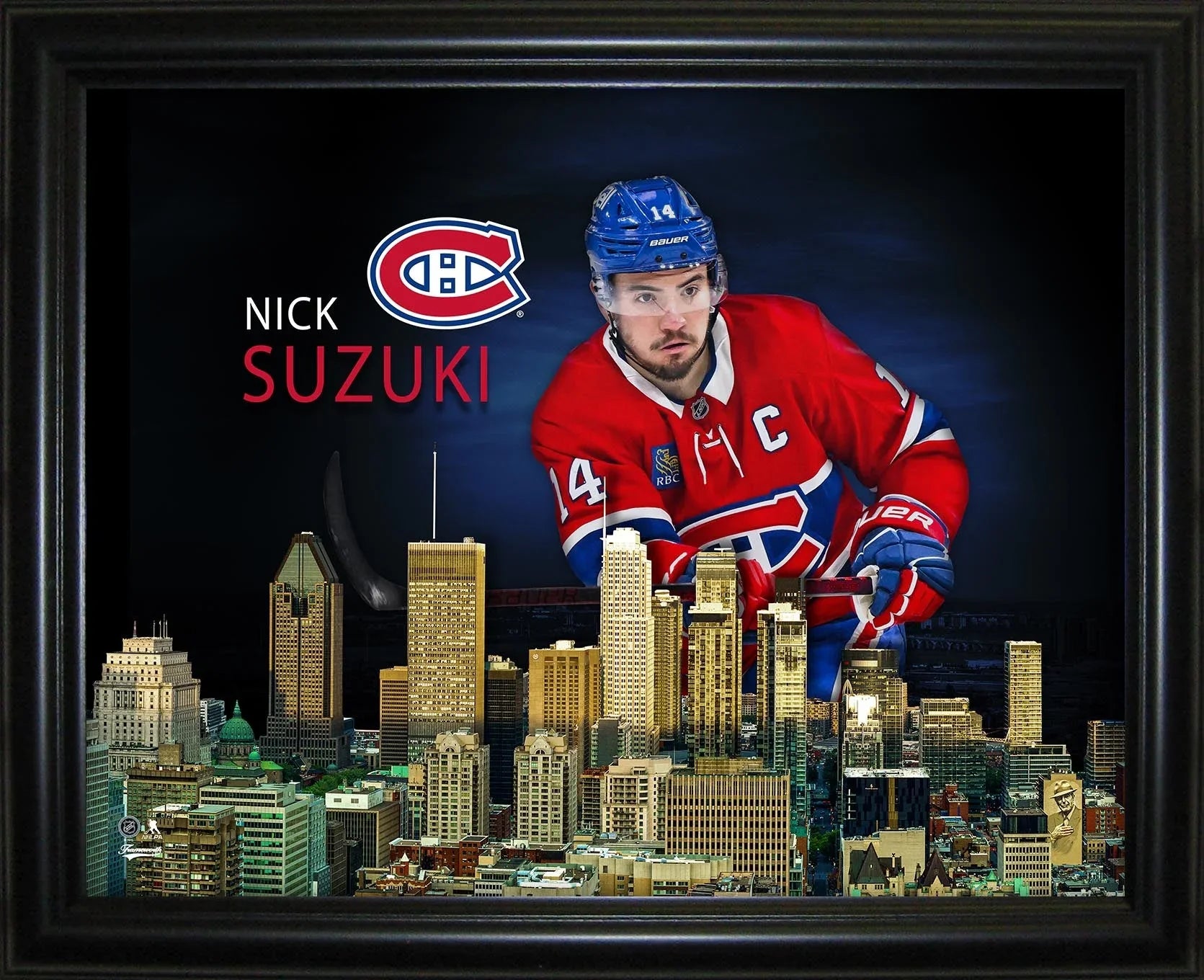 Nick Suzuki in Montreal Canadiens jersey over city skyline, framed hockey art