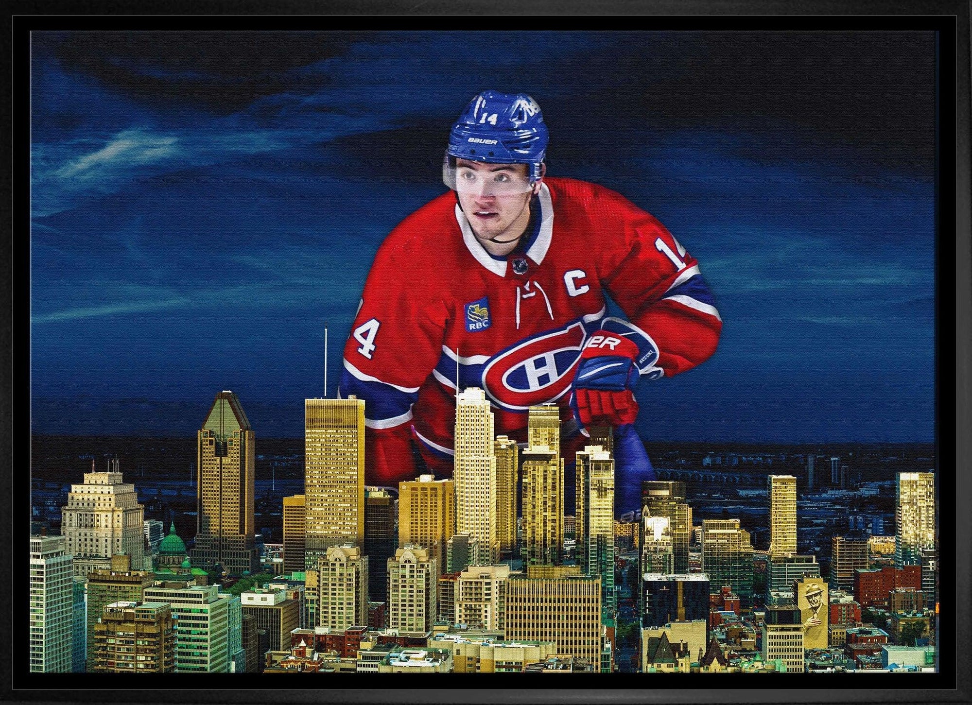 Montreal Canadiens hockey player superimposed over Montreal city skyline at night