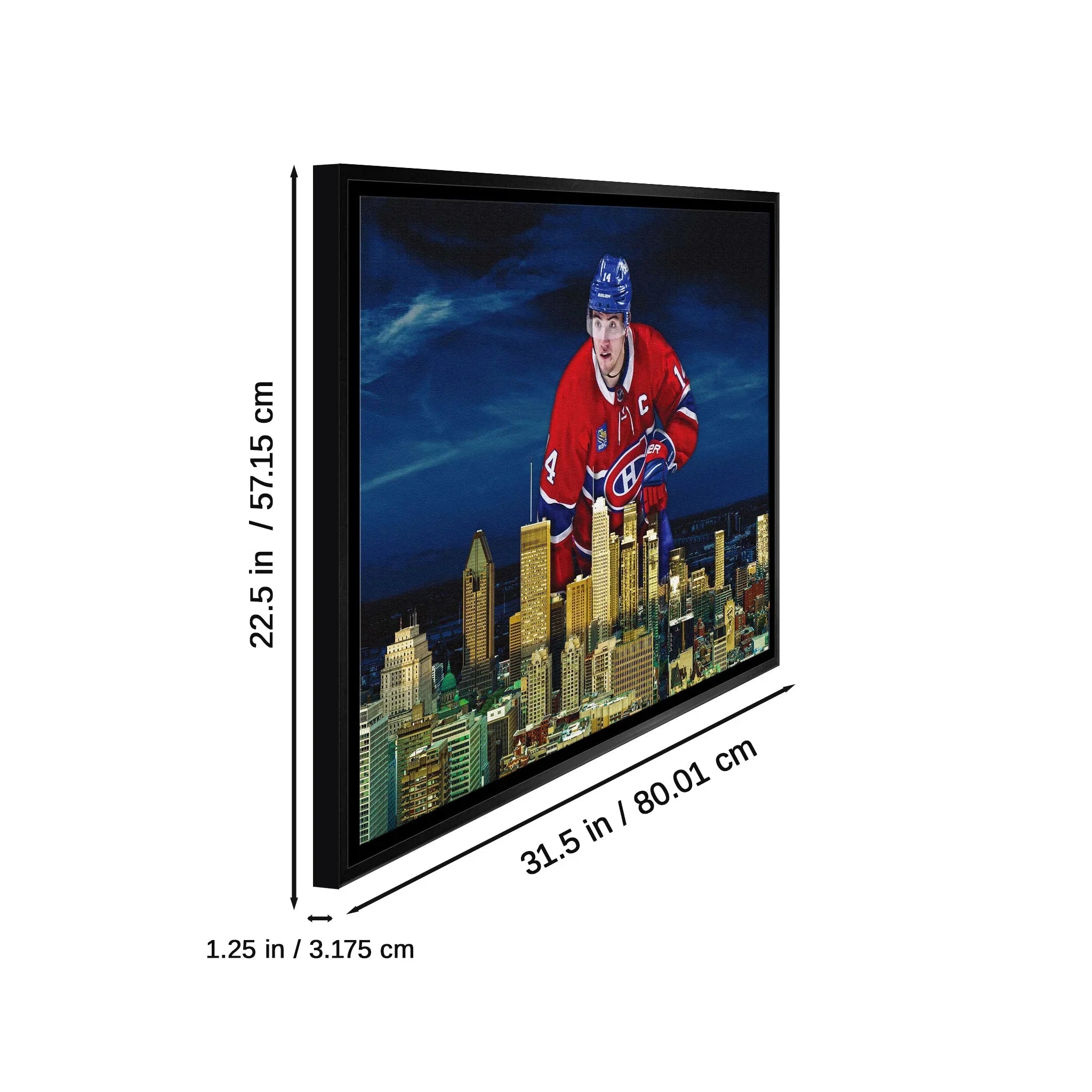 Montreal Canadiens hockey player wall art with city skyline, black frame, dimensions listed.