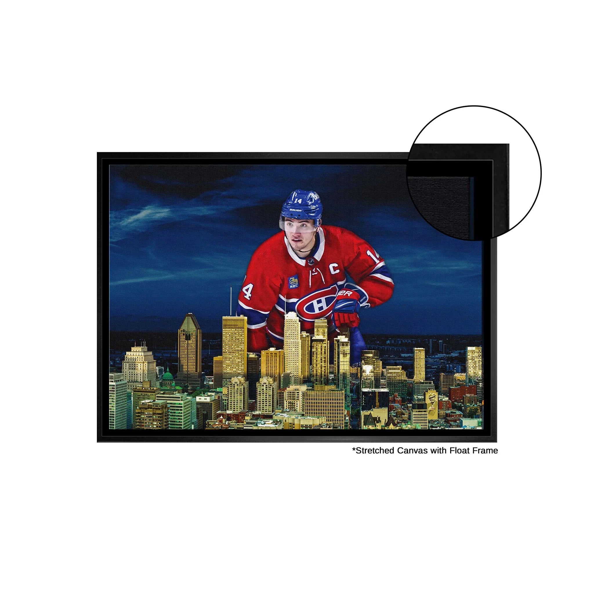 Hockey player in red Montreal Canadiens jersey with cityscape background on stretched canvas