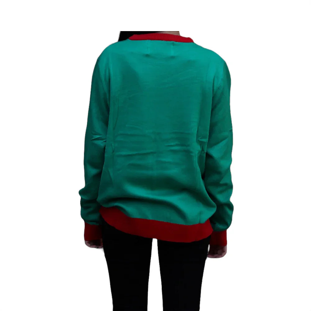 Back of green Christmas sweater with red trim worn by person, isolated on white background
