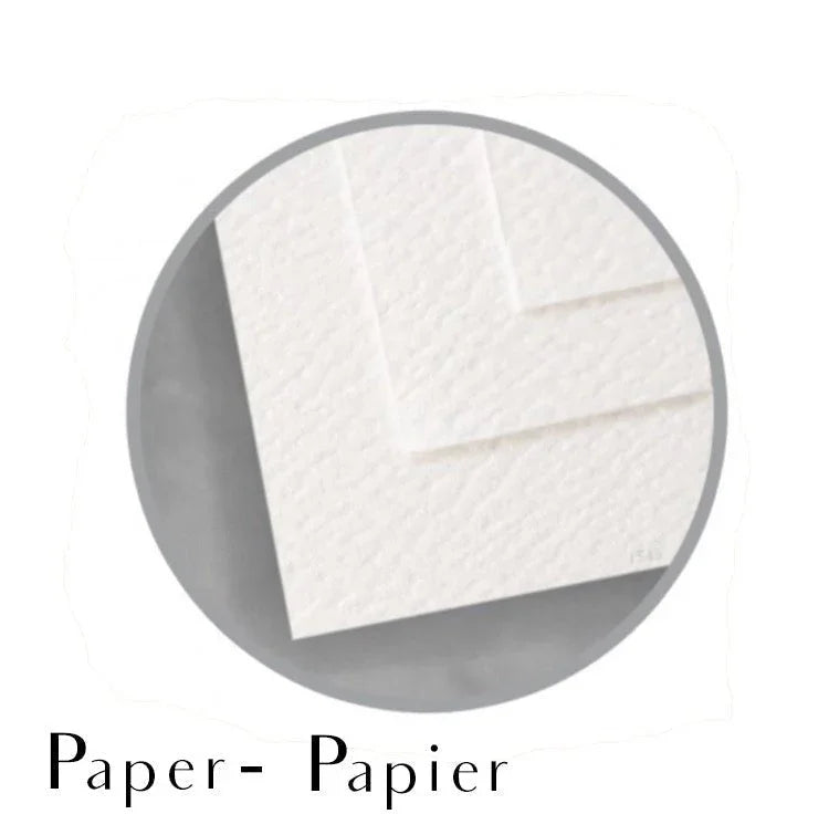 Close-up of textured white paper sheets stacked, labeled Paper-Papier, on a gray background.