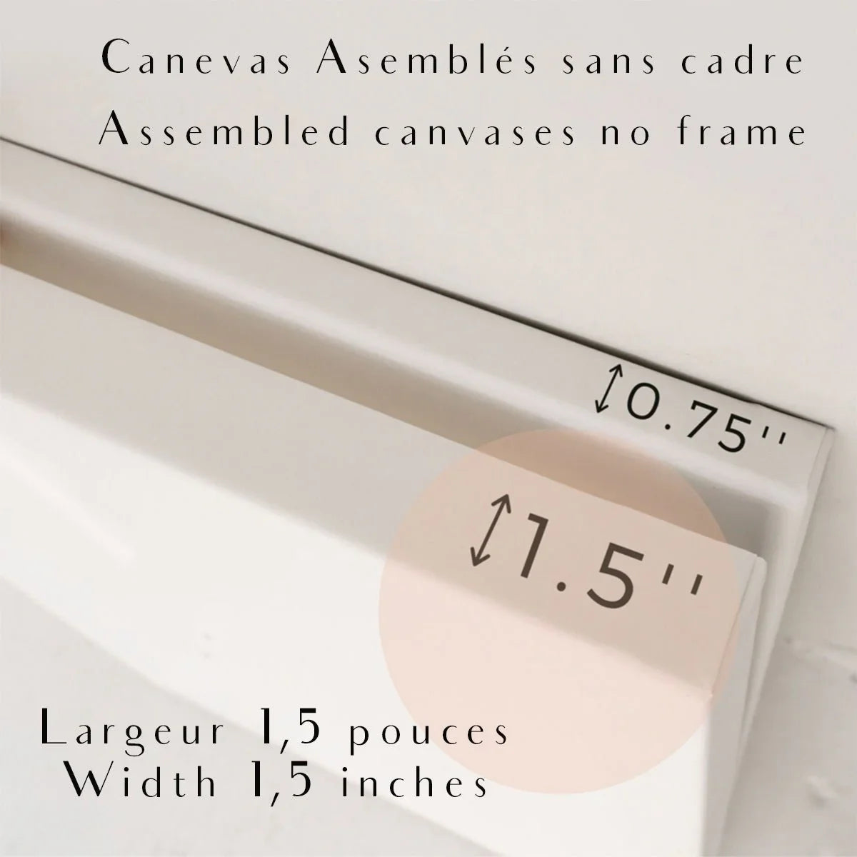 Side view of assembled canvas without frame, showing 1.5 inch width and 0.75 inch depth.