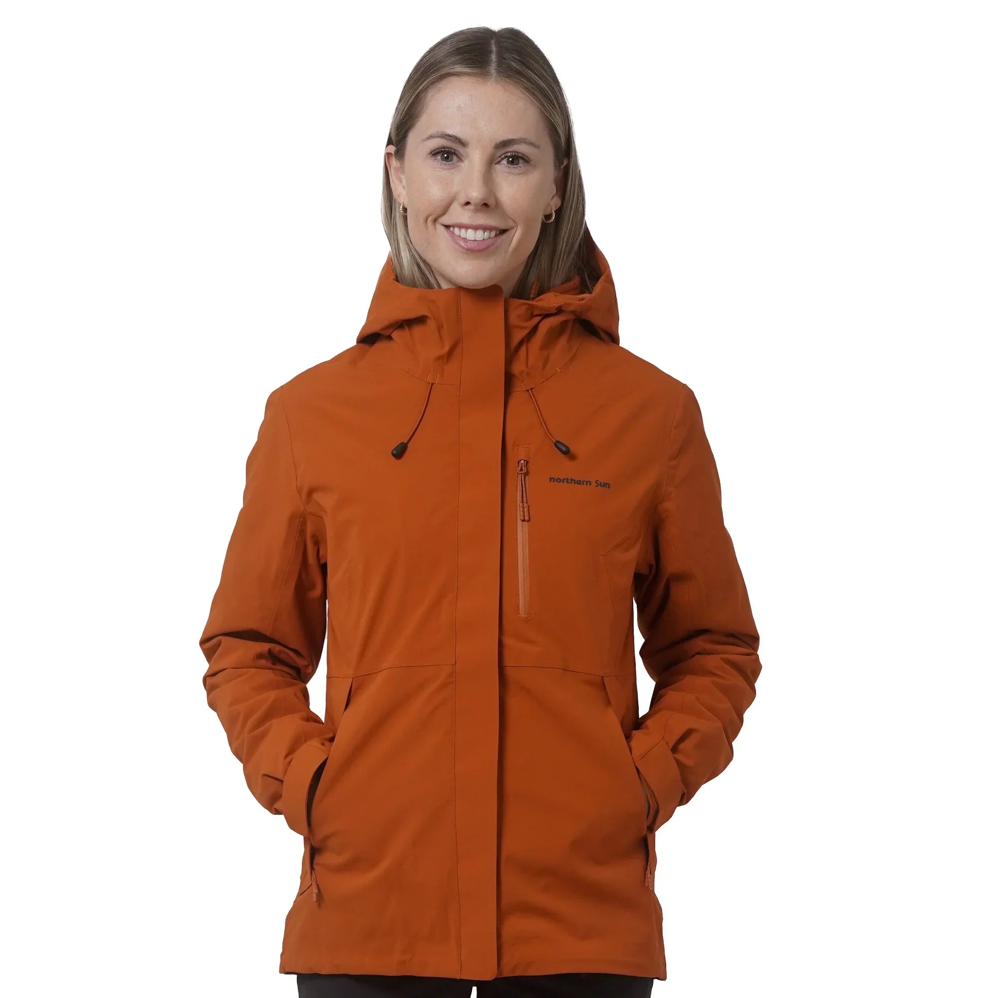 Woman wearing Northern Sun women's 3-in-1 pumpkin yellow jacket with hood