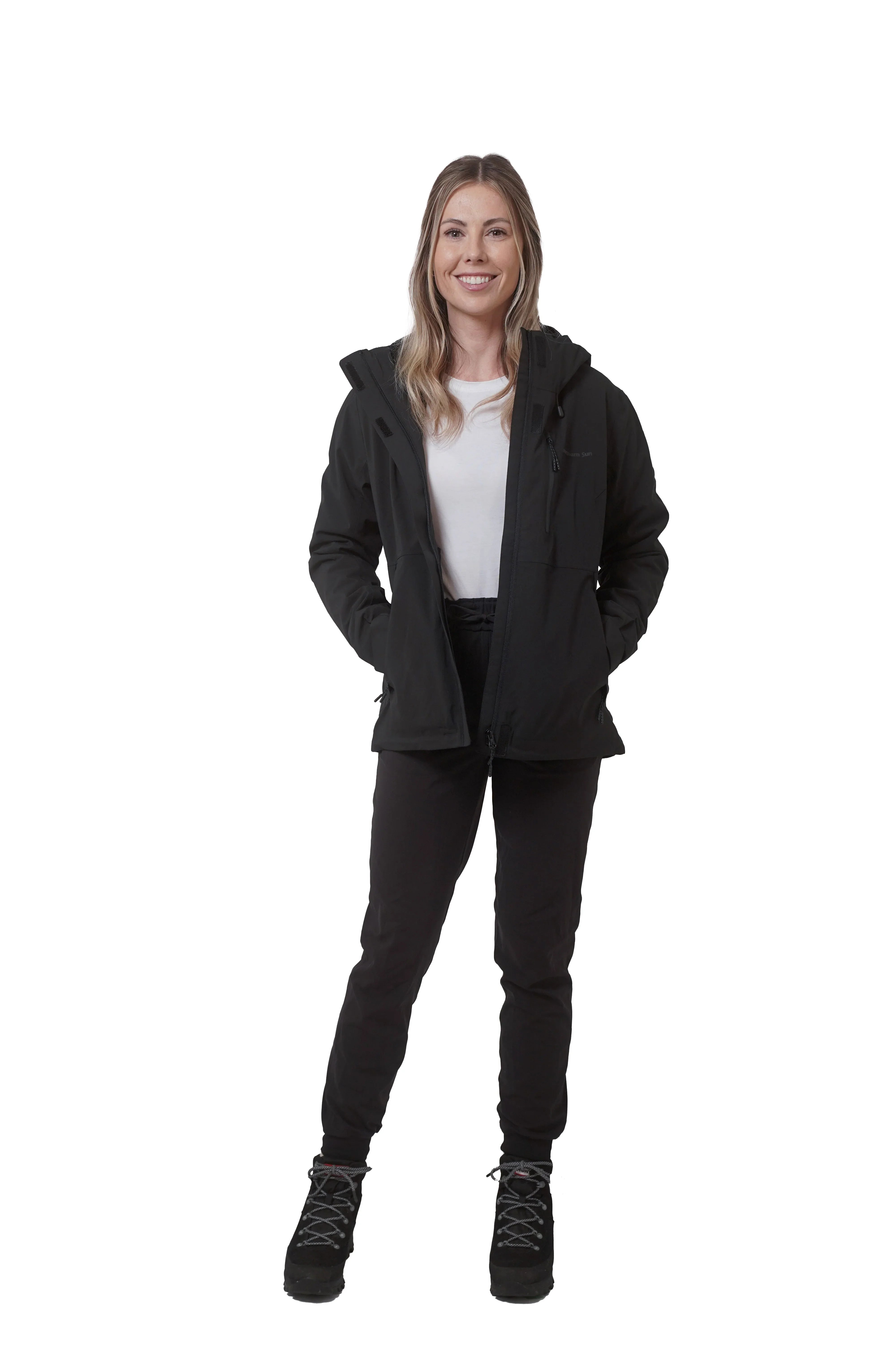 Woman wearing Northern Sun women's 3-in-1 black jacket, full body on white background