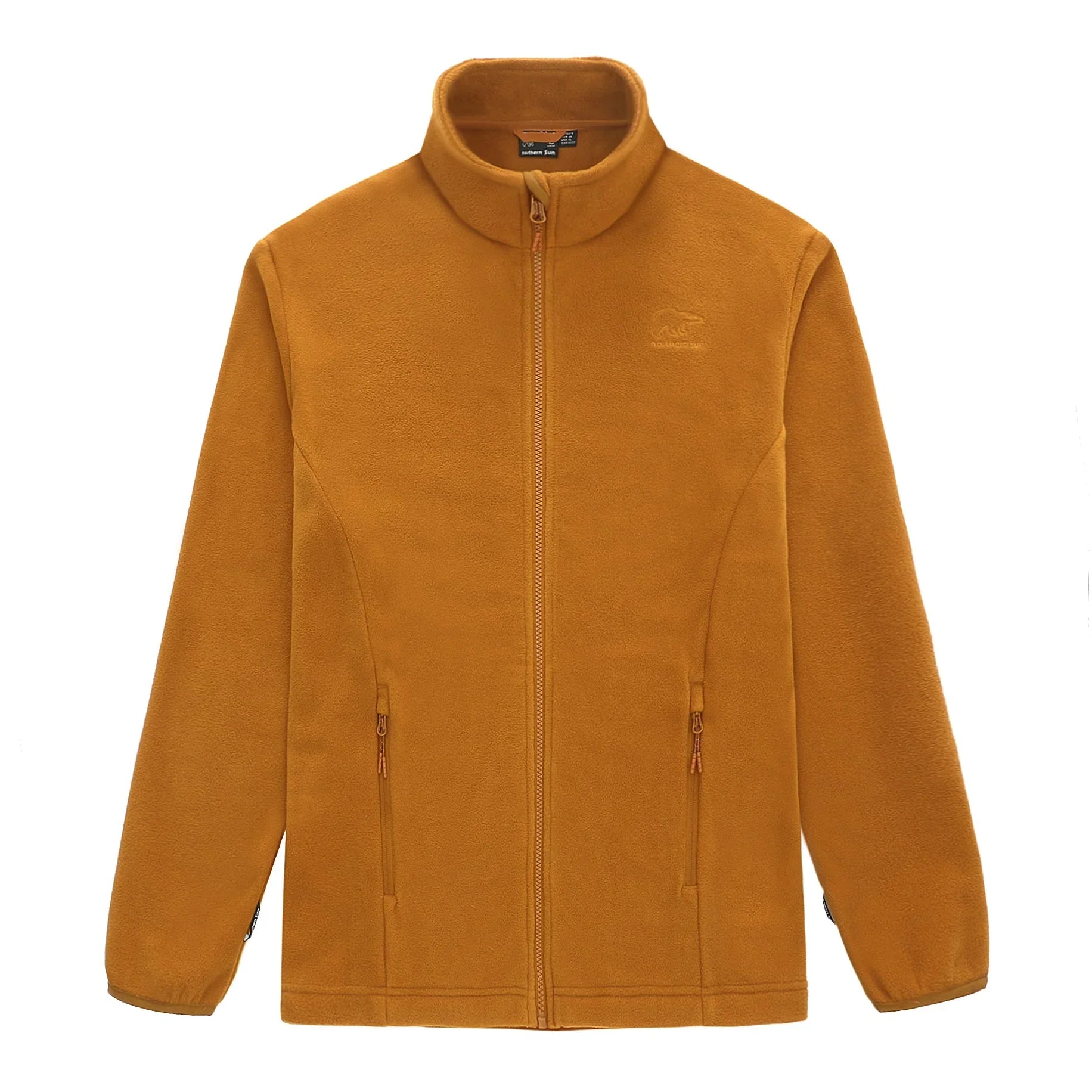 Men's mustard yellow fleece jacket with zip front and high collar, fall winter outerwear