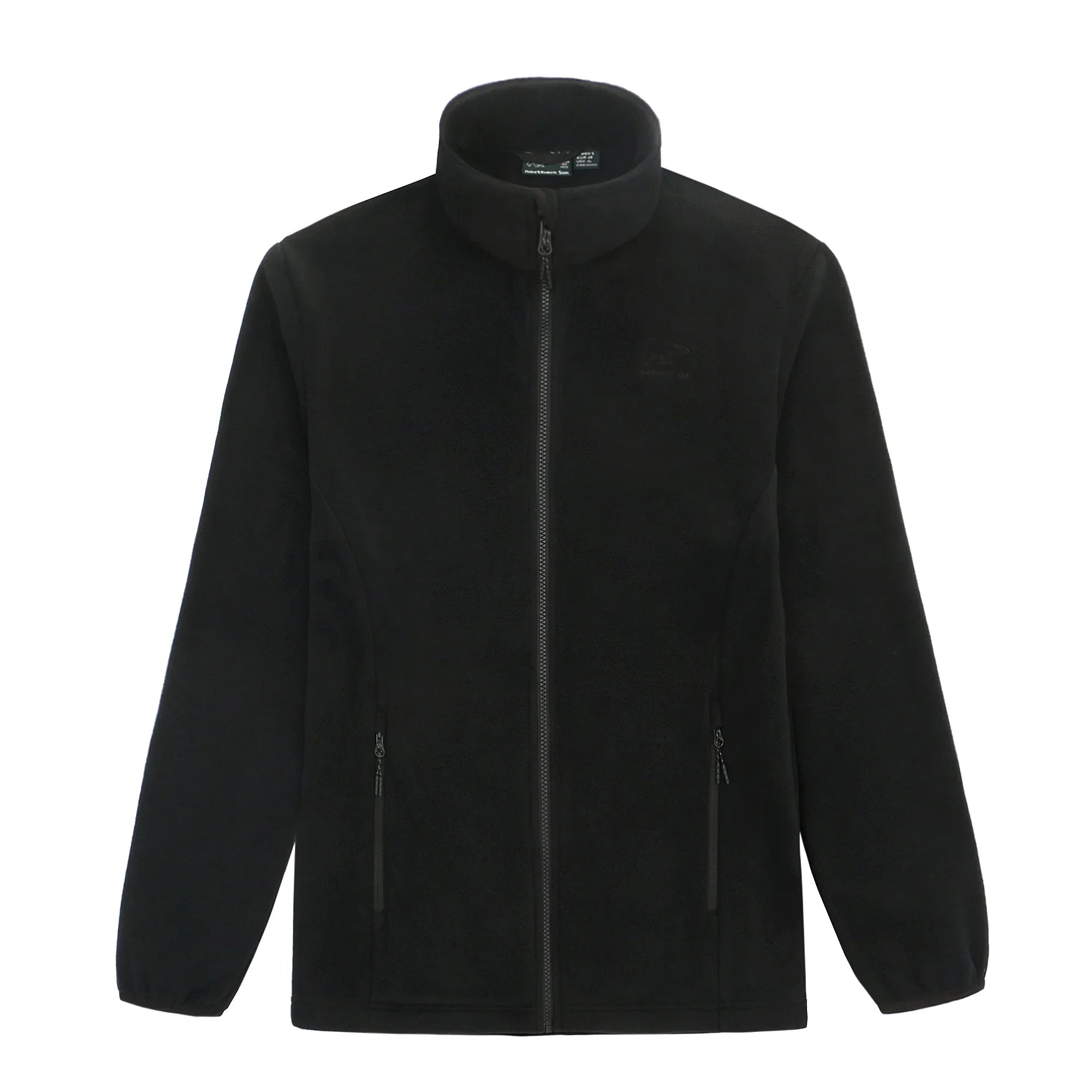 Men's black fleece jacket with full zip and high collar, displayed on white background