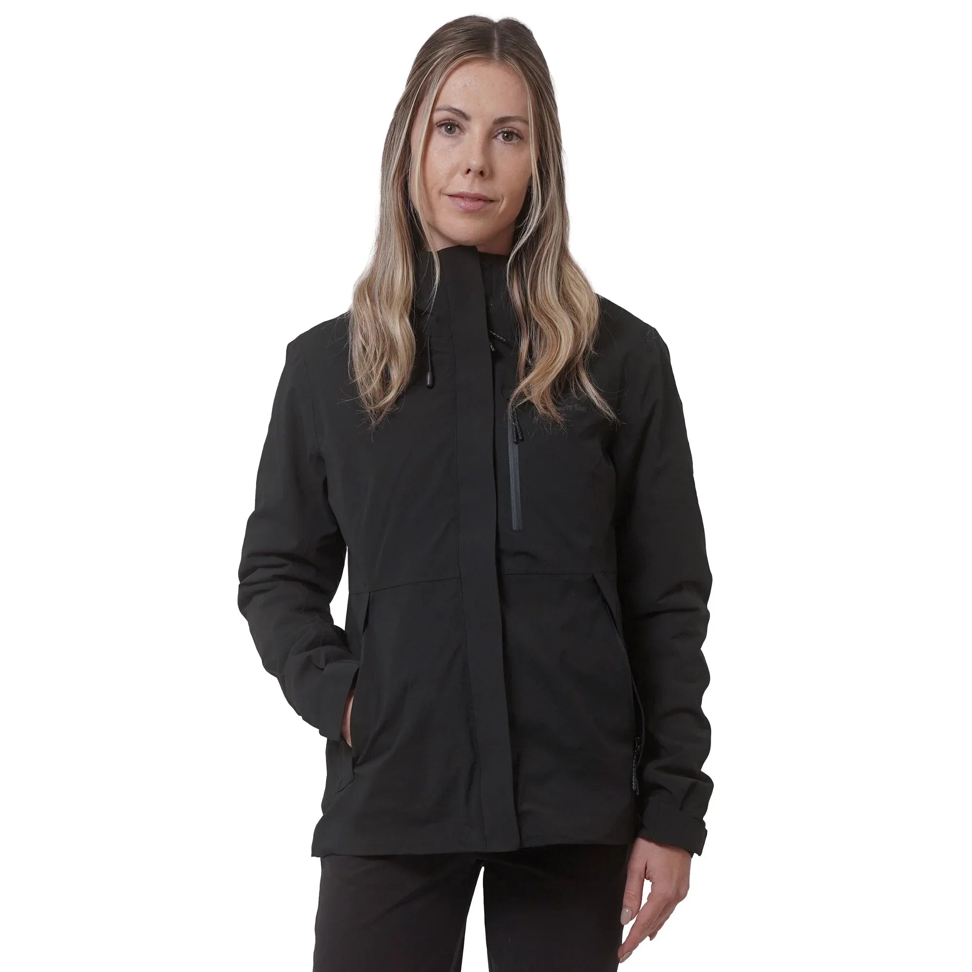 Woman wearing Northern Sun women's 3-in-1 black jacket front view on white background