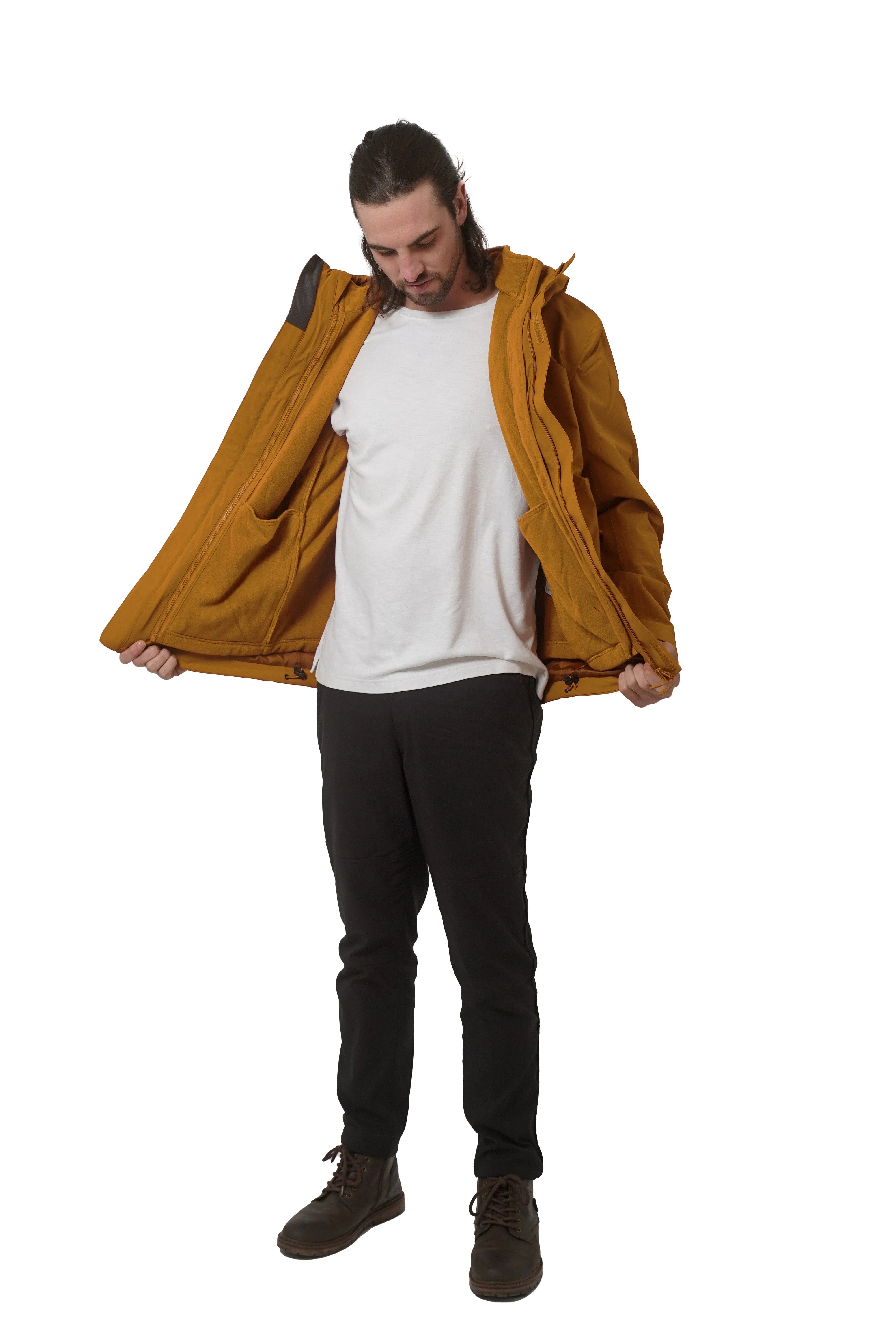 Man modeling Northern Sun 3-in-1 men's ginger jacket open, white background