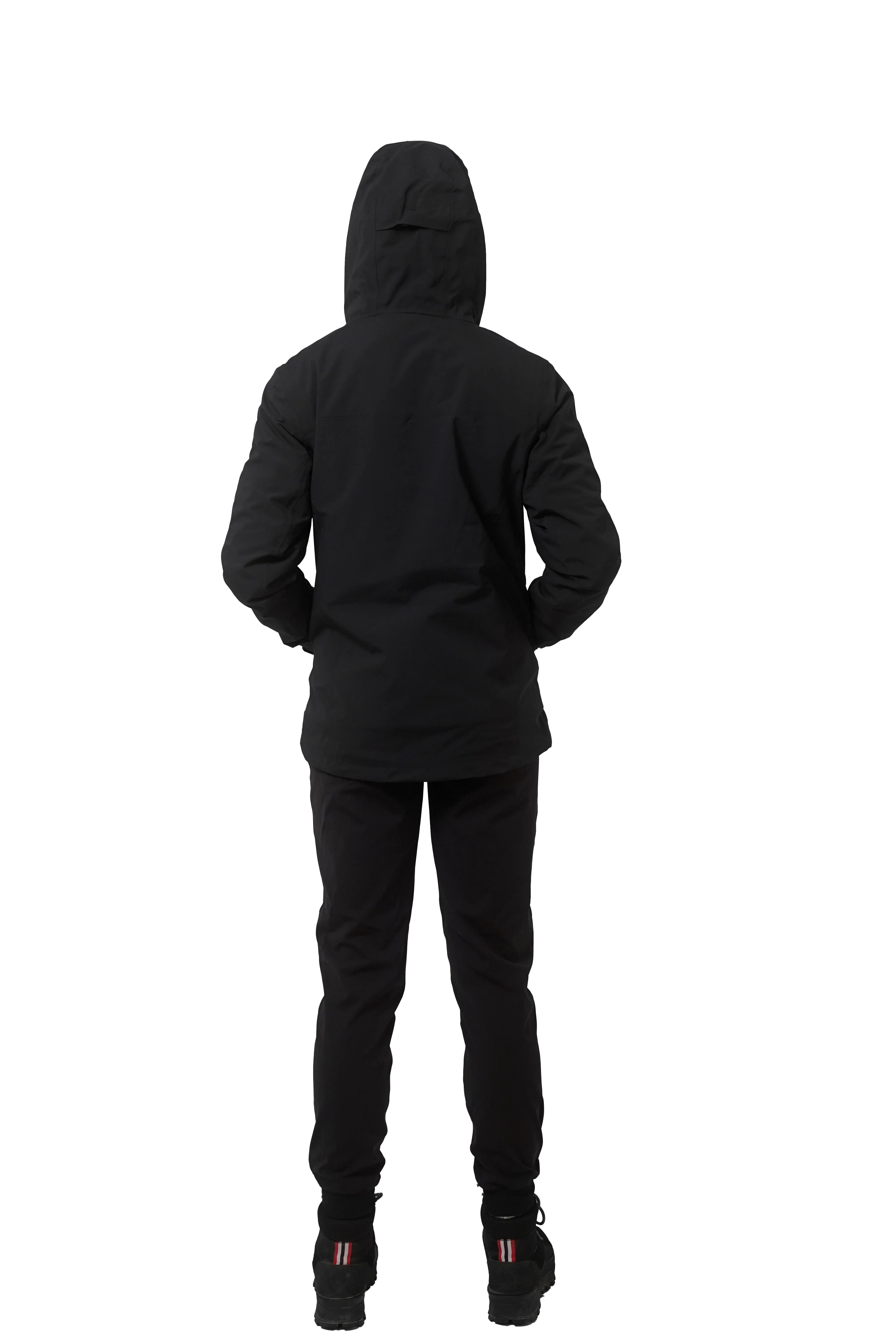 Northern Sun women's black 3-in-1 jacket shown from the back, hood up, on white background