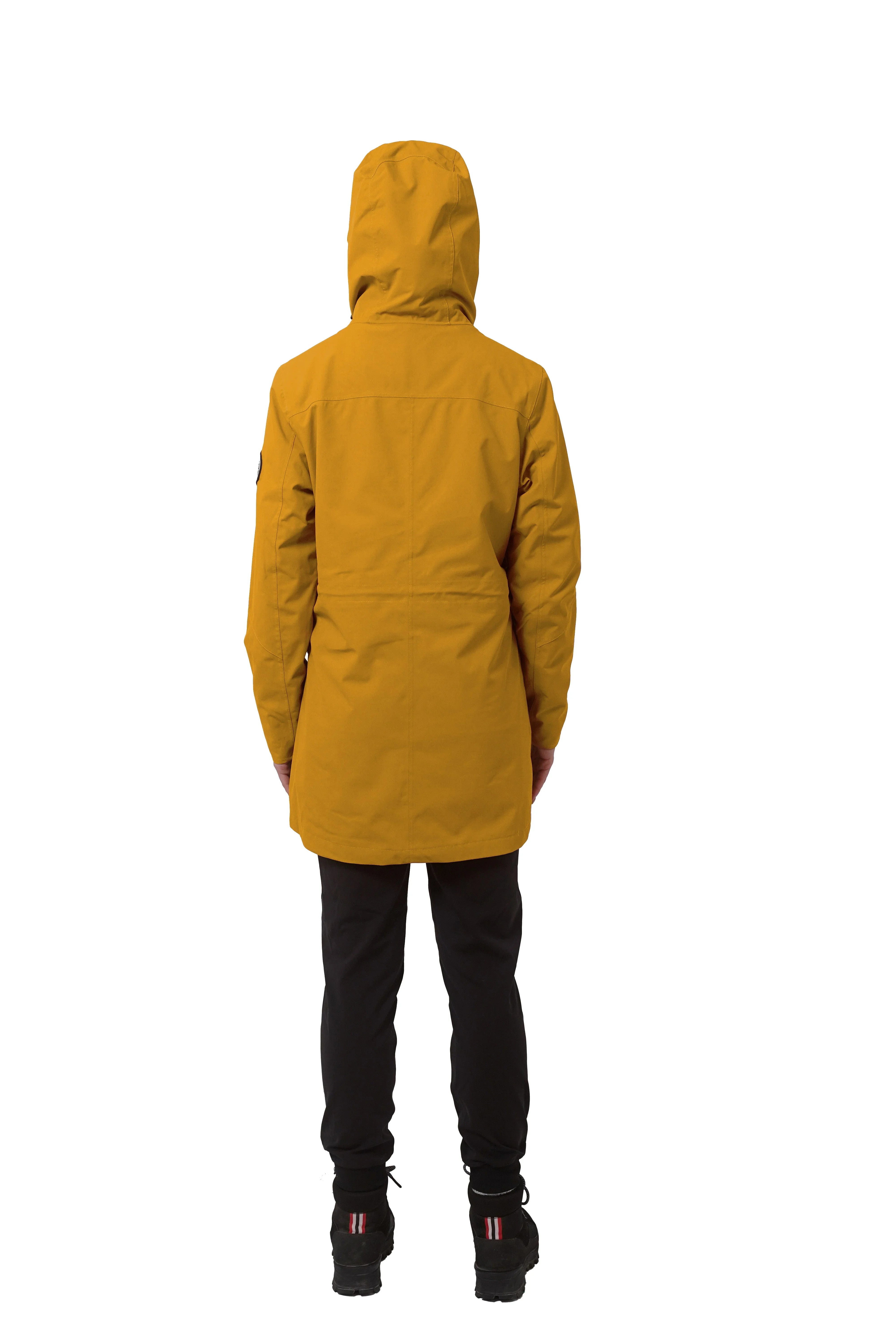 Woman in yellow mid-length hooded 3-in-1 jacket, back view, black pants
