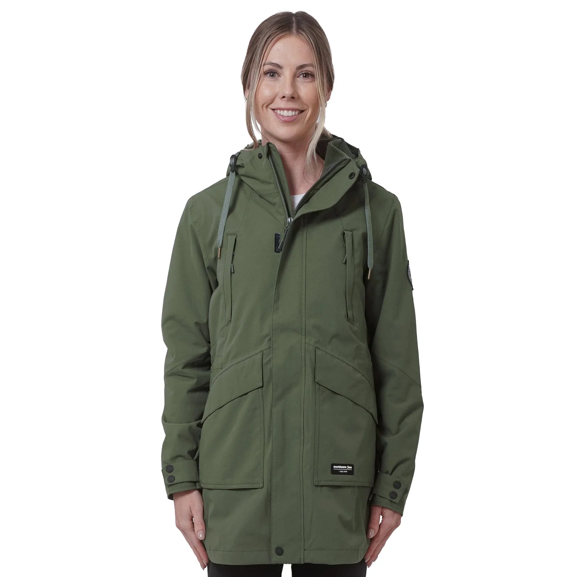 Woman wearing forest green mid-length 3-in-1 jacket with hood, front view
