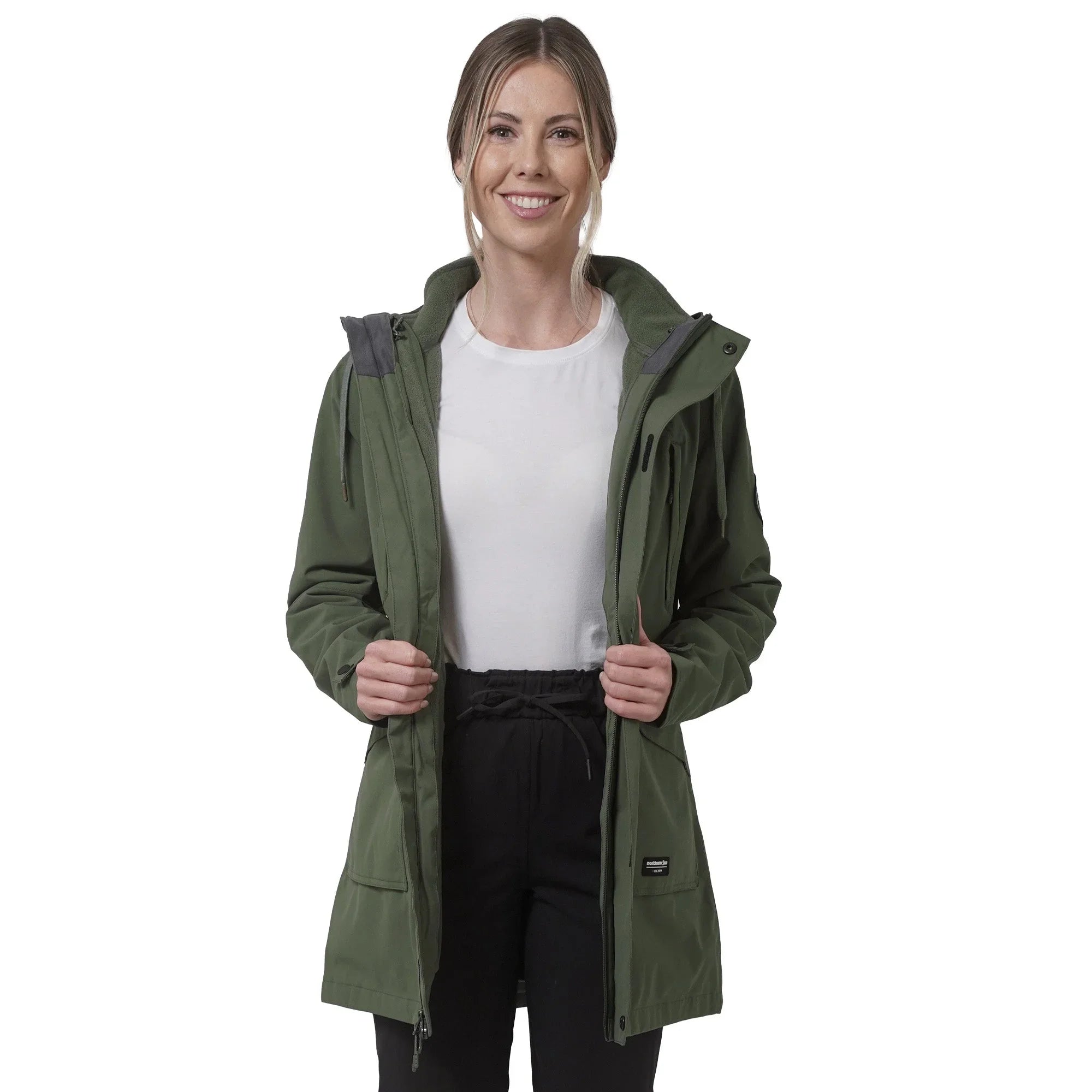 Woman modeling a forest green mid-length 3-in-1 jacket, open front, white background