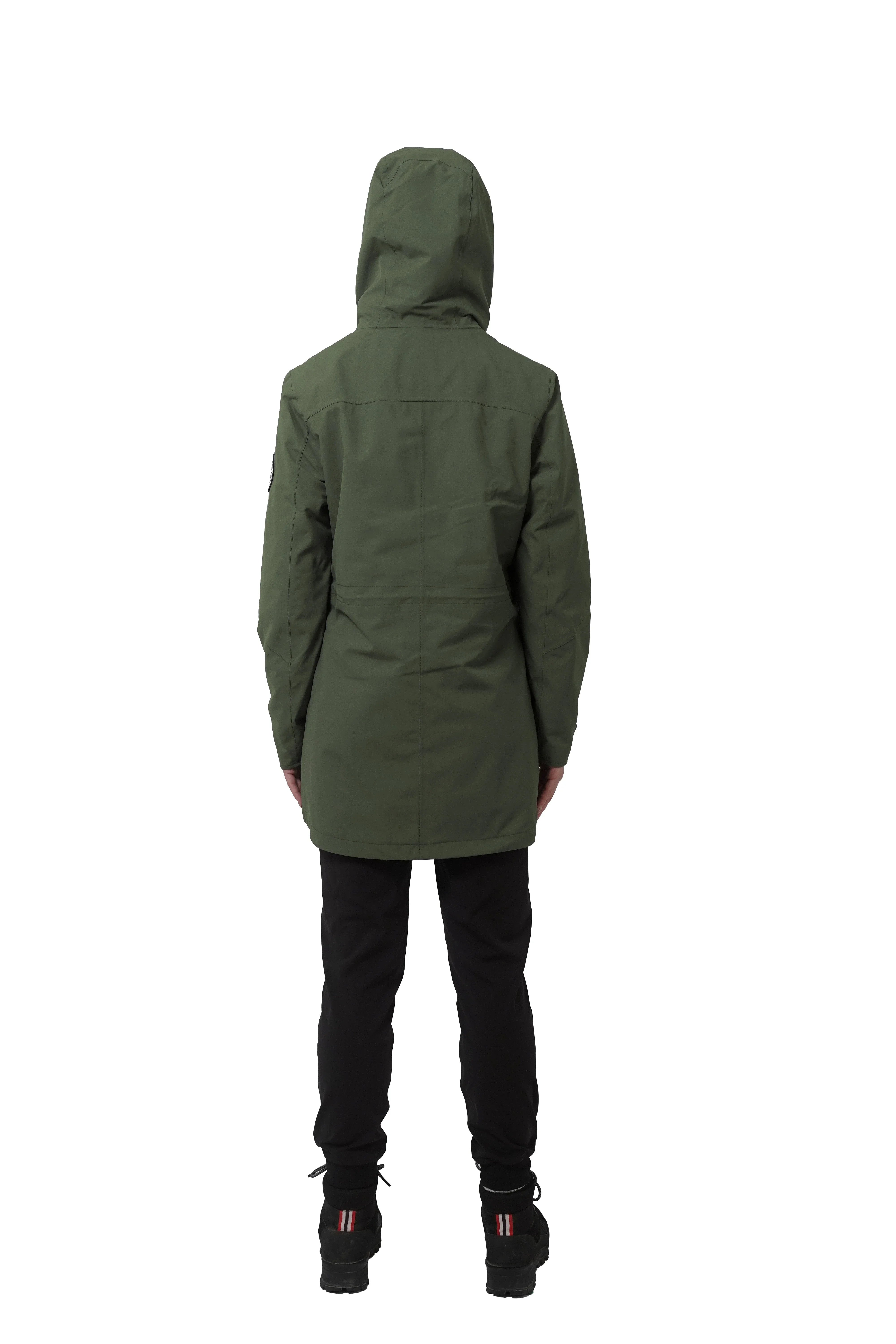 Back view of woman wearing forest green mid-length hooded 3-in-1 jacket